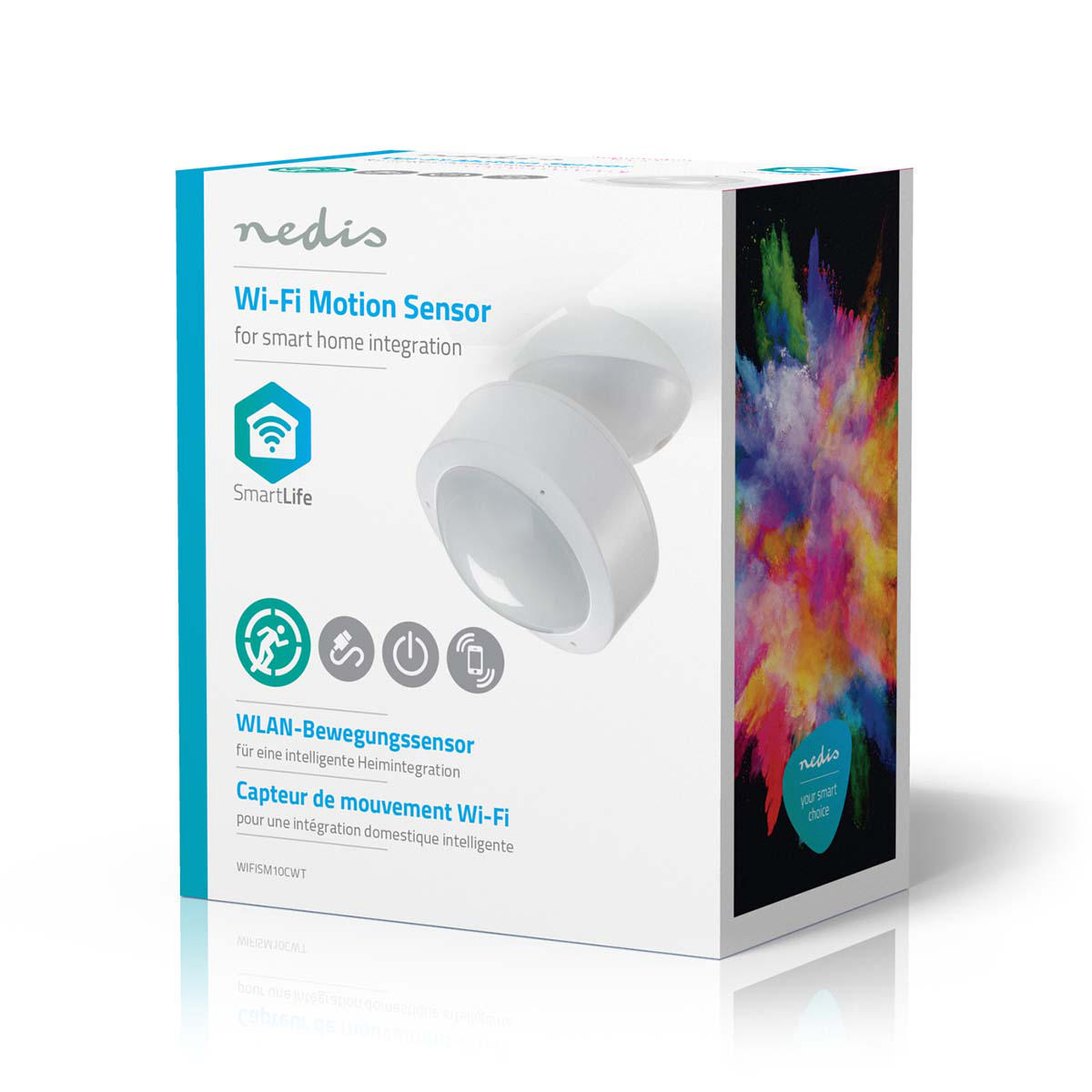 Una scatola bianca con un sensore di movimento Wi-Fi e sfondo colorato.