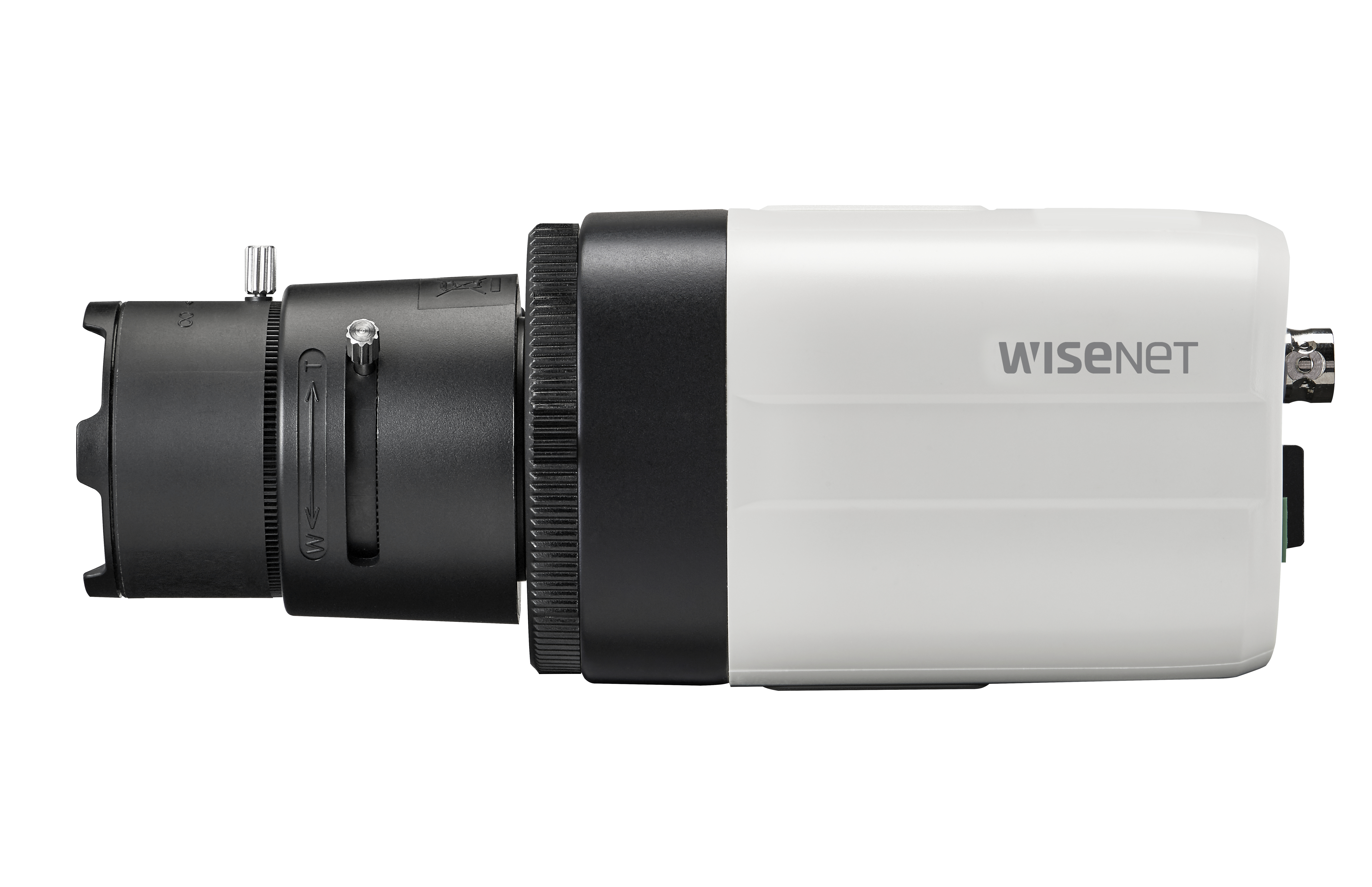 Czarno-biała kamera bezpieczeństwa z obiektywem.