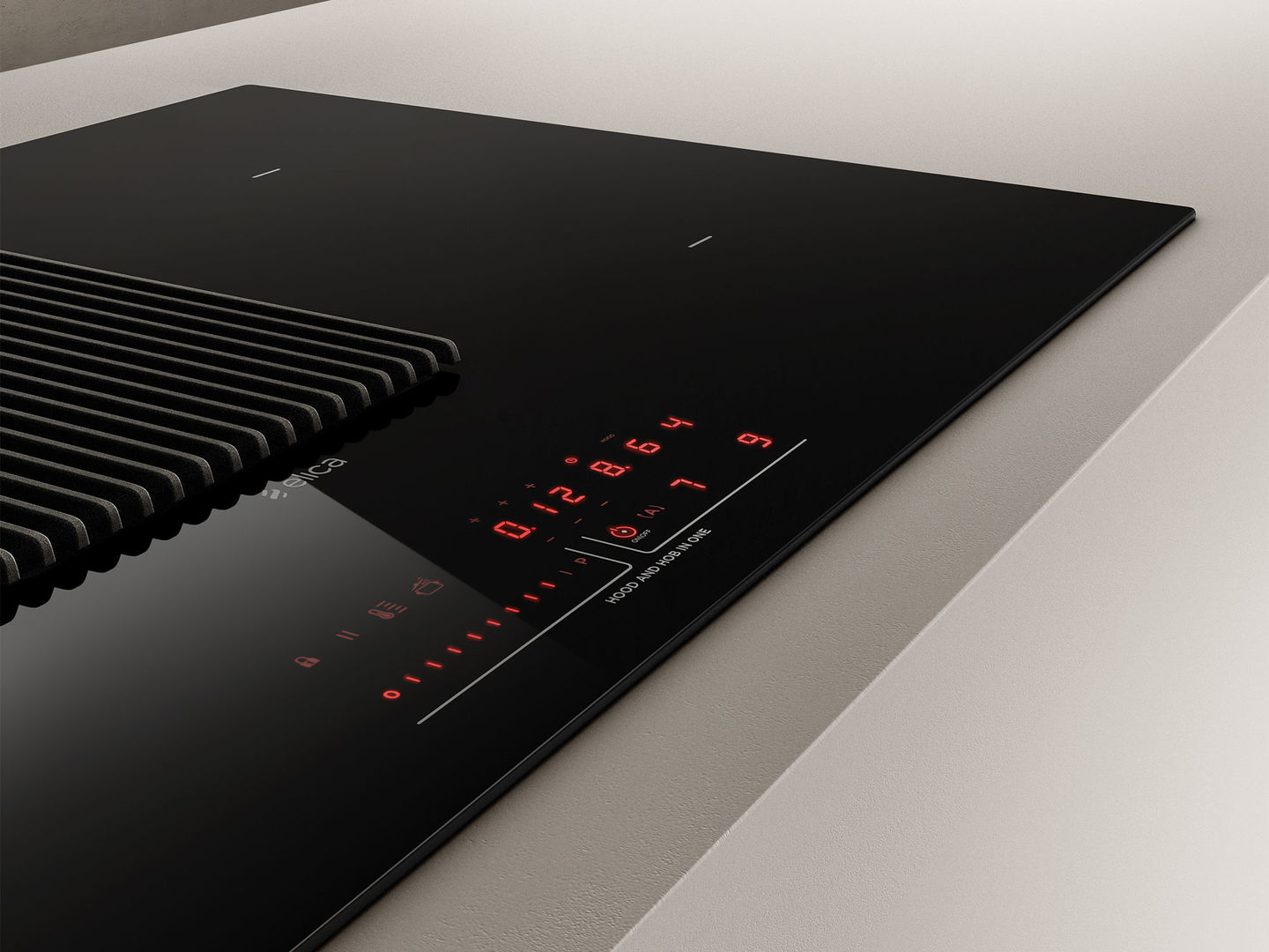 Placa de inducción negra con ventilación integrada. Números rojos indican ajustes de potencia a la derecha.