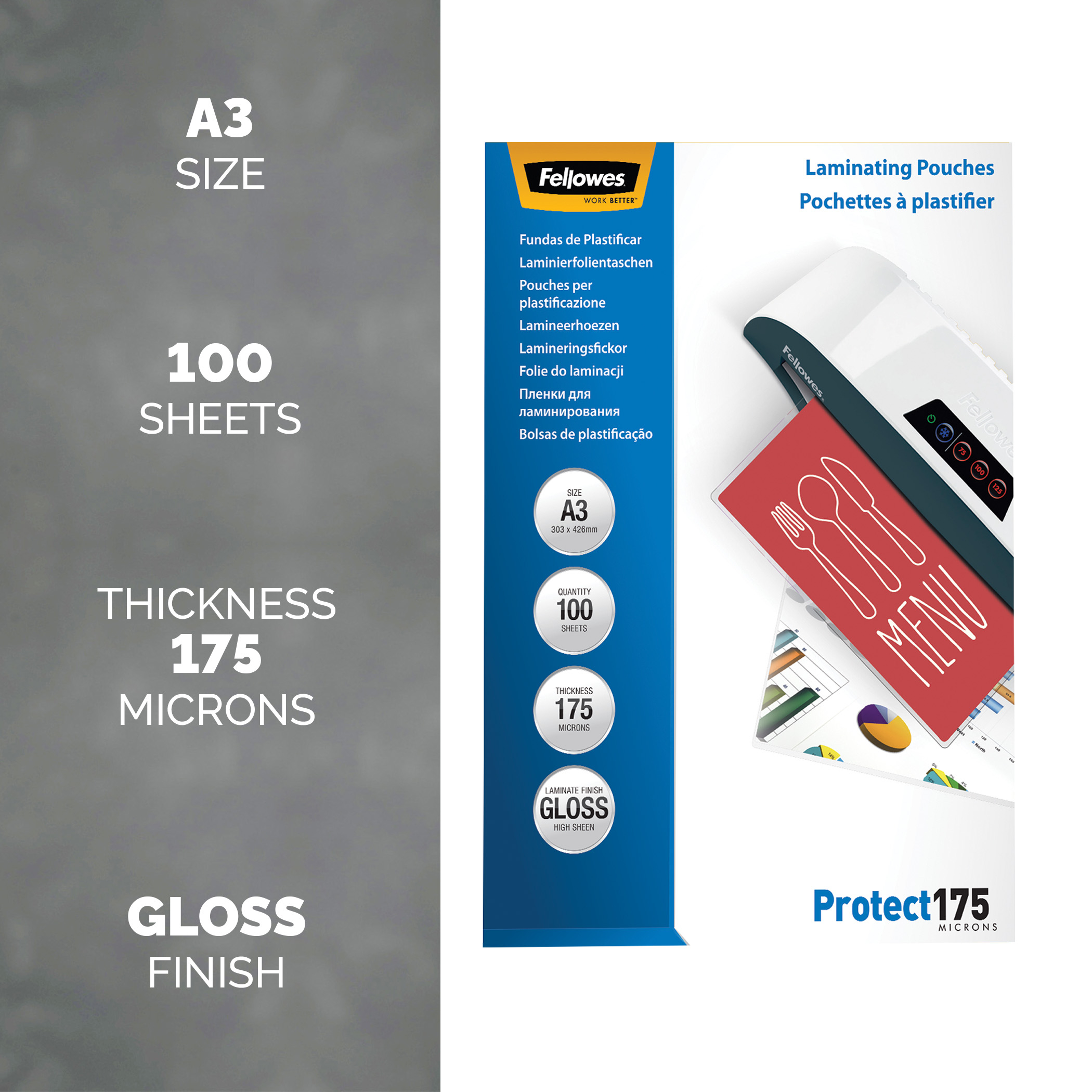 Packung mit A3 Glanz-Laminierfolien. Enthält 100 Blätter, 175 Mikron dick.