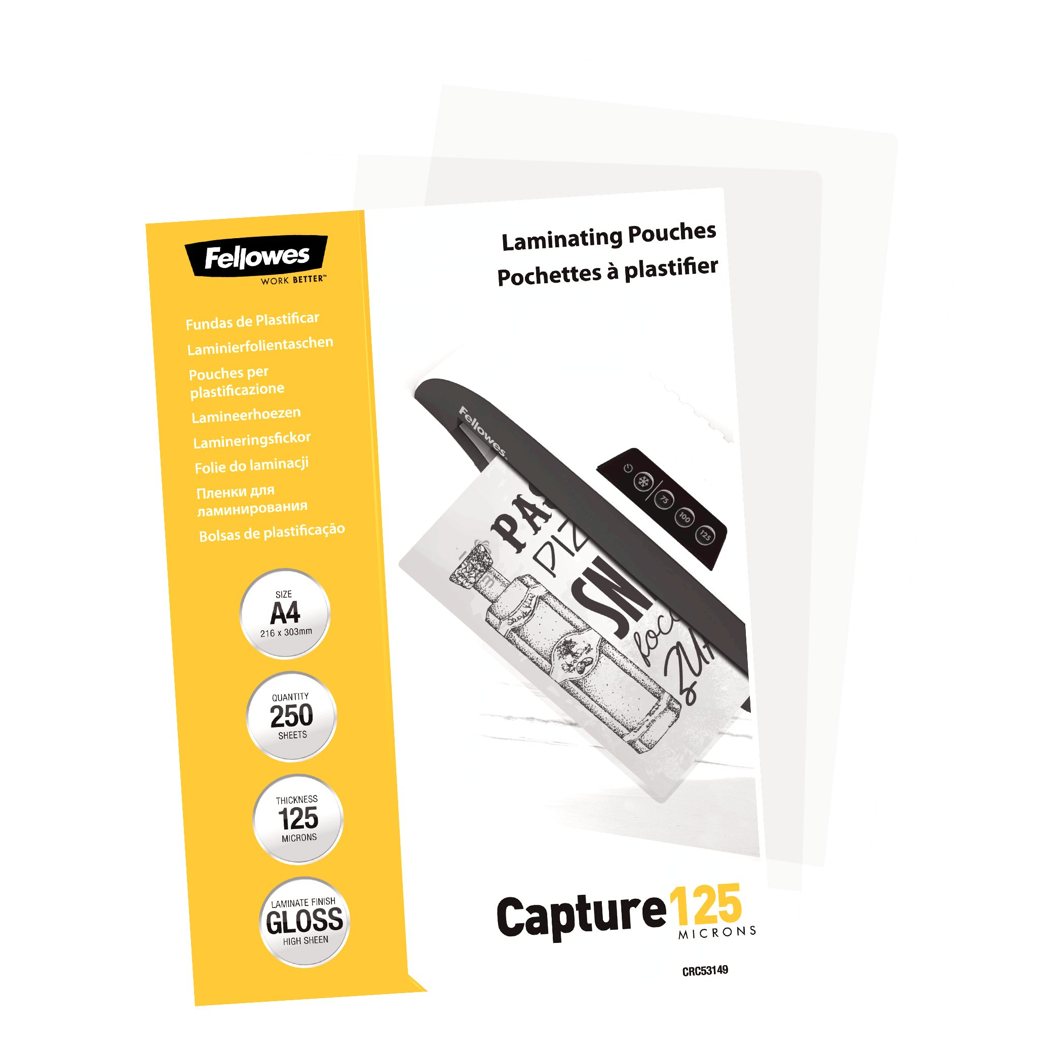 Eine Fellowes Laminierfolien-Verpackung mit A4-Größe, 250 Blatt und 125 Mikron, mit Glanzfinish.