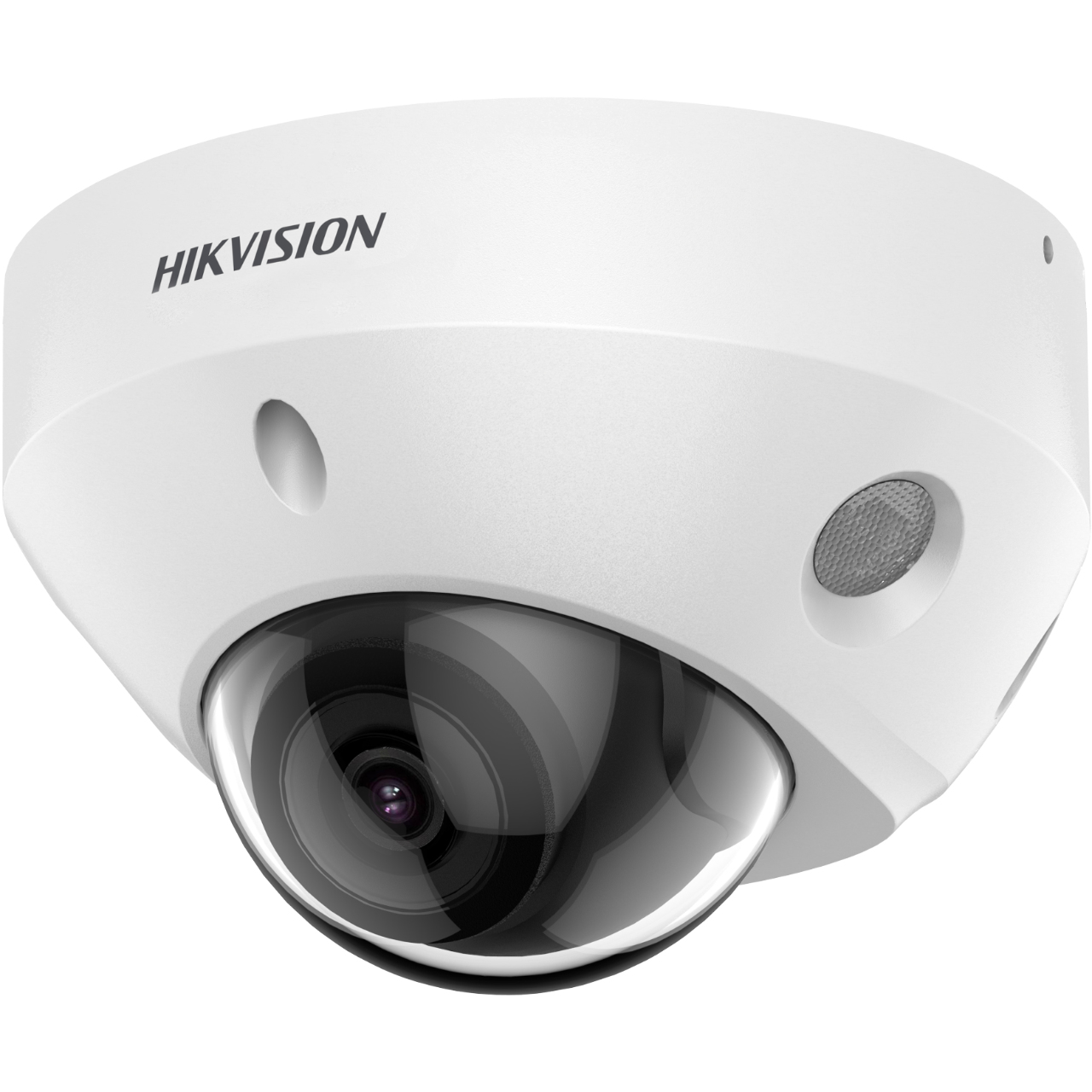 Biała kamera kopułkowa z czarnym obiektywem i logo Hikvision.