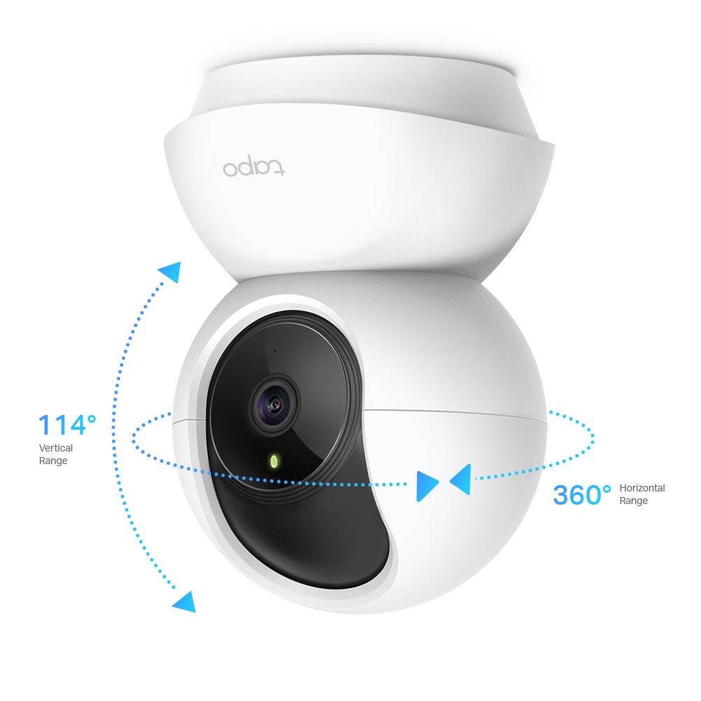 Una telecamera di sicurezza bianca con obiettivo, che mostra 360 gradi orizzontali e 114 verticali.