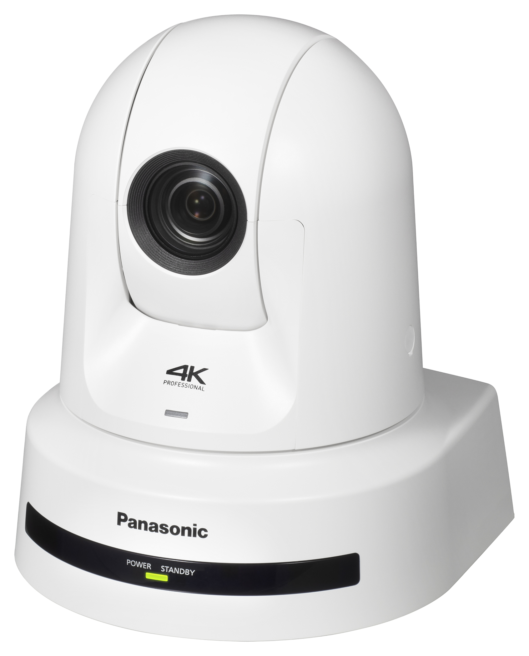 Telecamera professionale bianca. Ha una forma a cupola con un obiettivo nero. Il marchio Panasonic è visualizzato in basso.