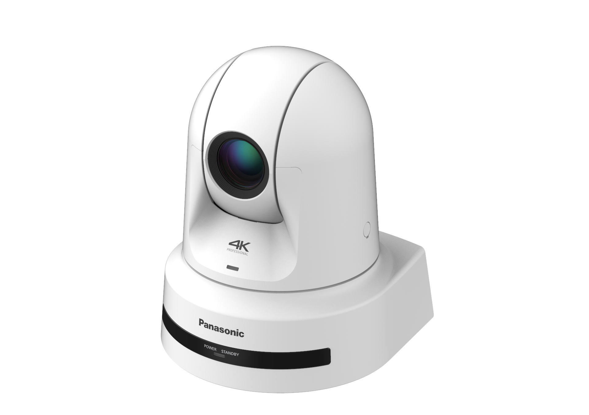 Una telecamera di sicurezza Panasonic bianca con base nera e il logo 4K Professional.