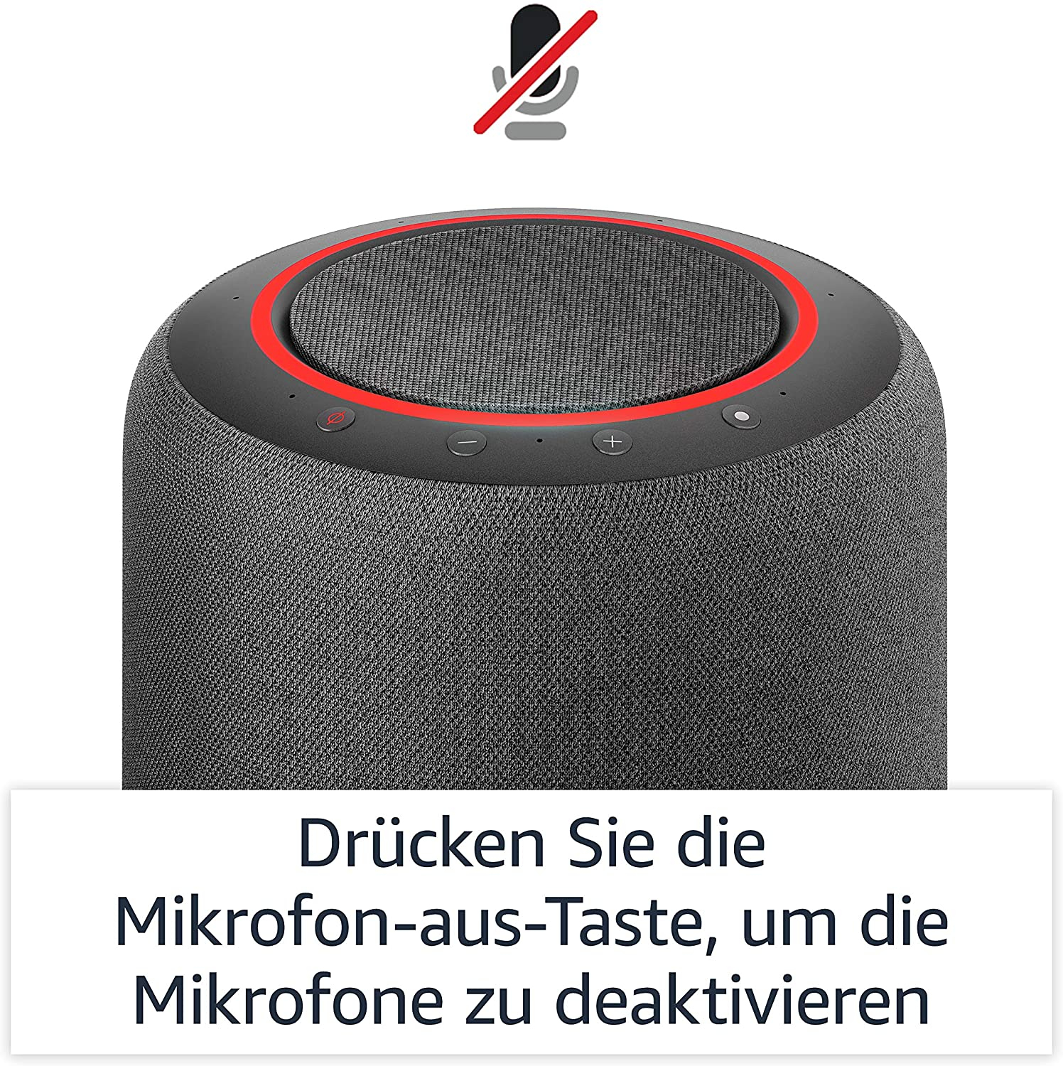 Ein grauer Lautsprecher mit rotem Ring und Mikrofon-Stummschaltungssymbol darüber.