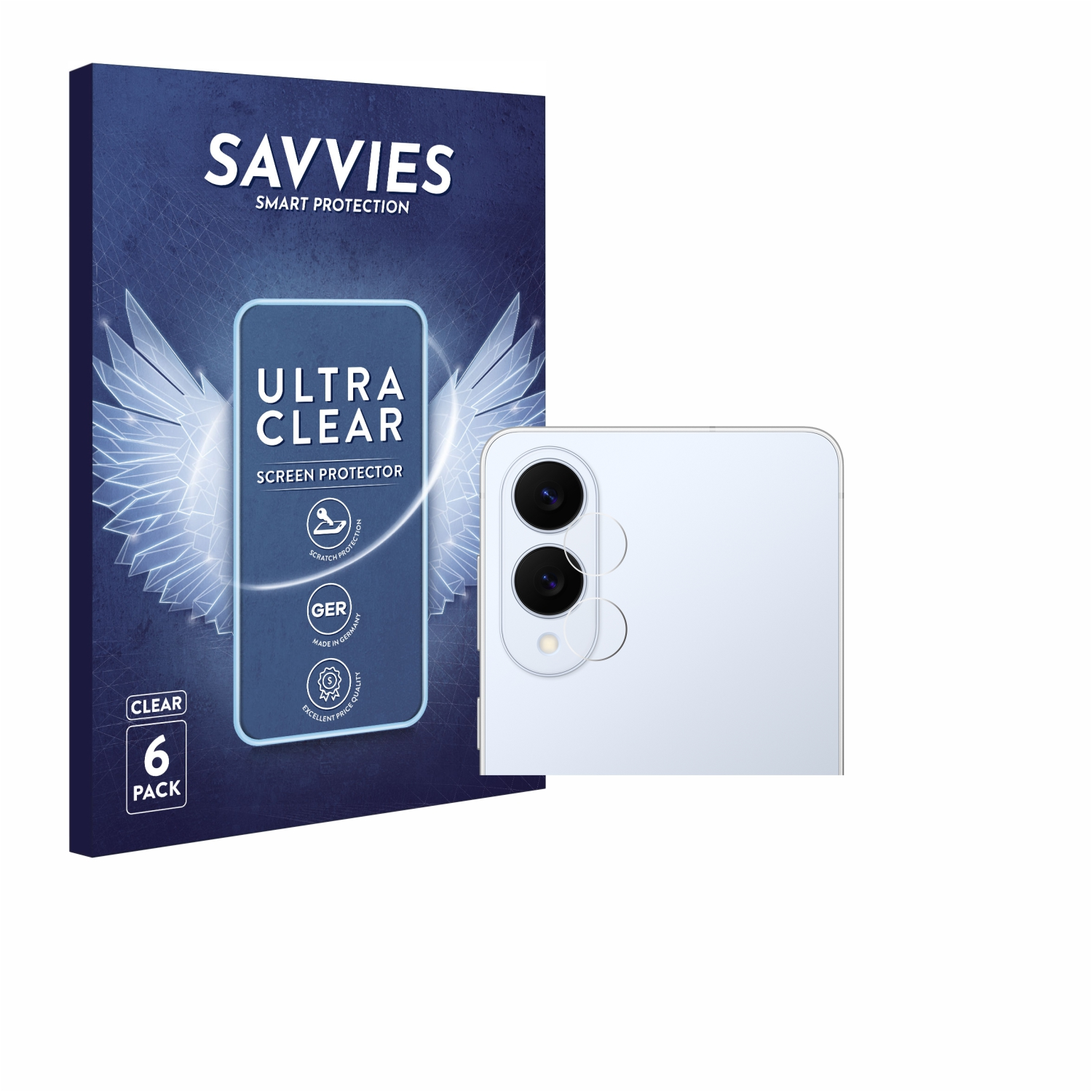 Handy und Displayschutzfolien-Packung. Die Packung hat Flügel und Text. Weißer Hintergrund.