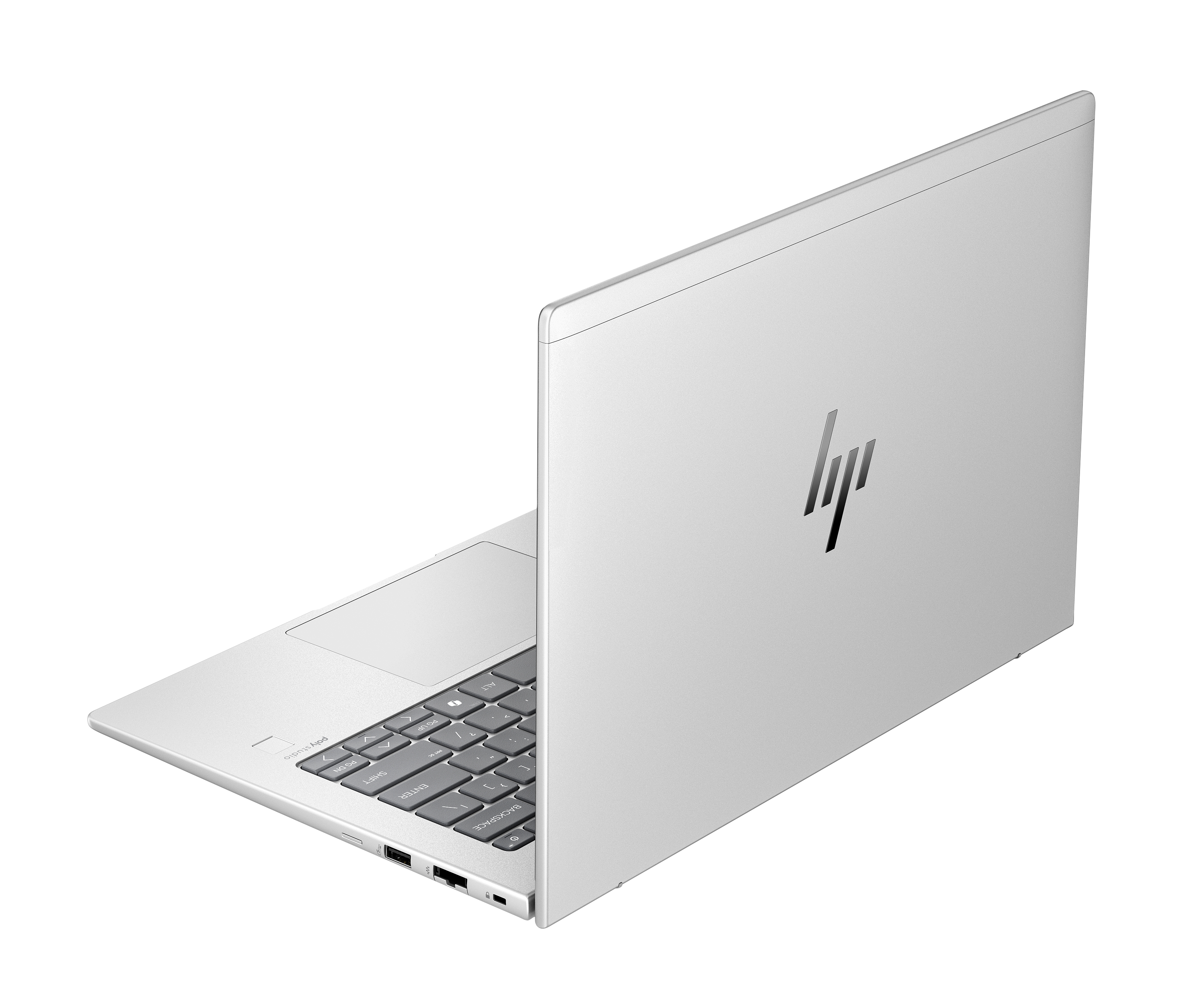Laptop, vista posteriore, colore argento.