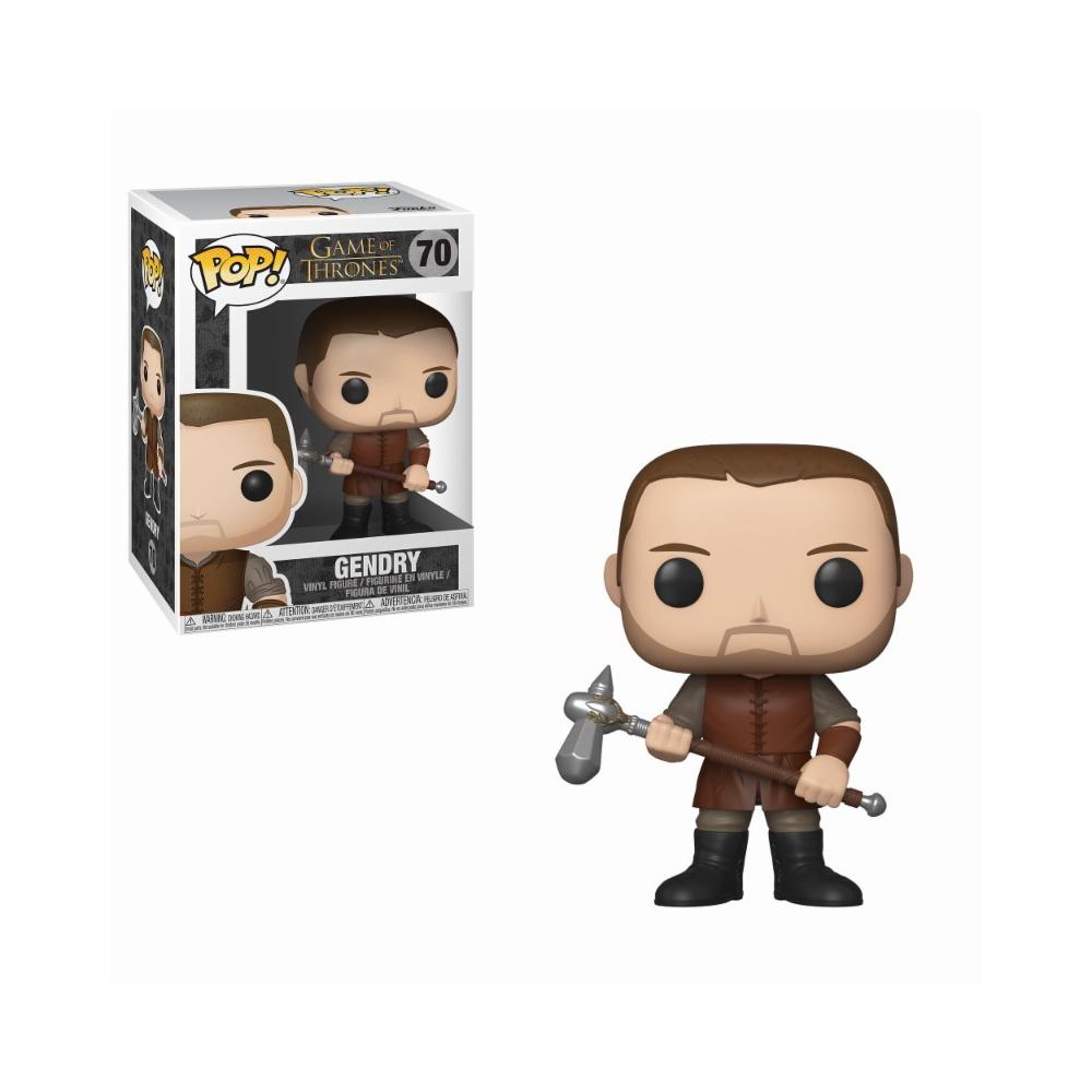 Gendry Funko Pop Figur hält einen Hammer, trägt braune Lederrüstung und schwarze Stiefel.