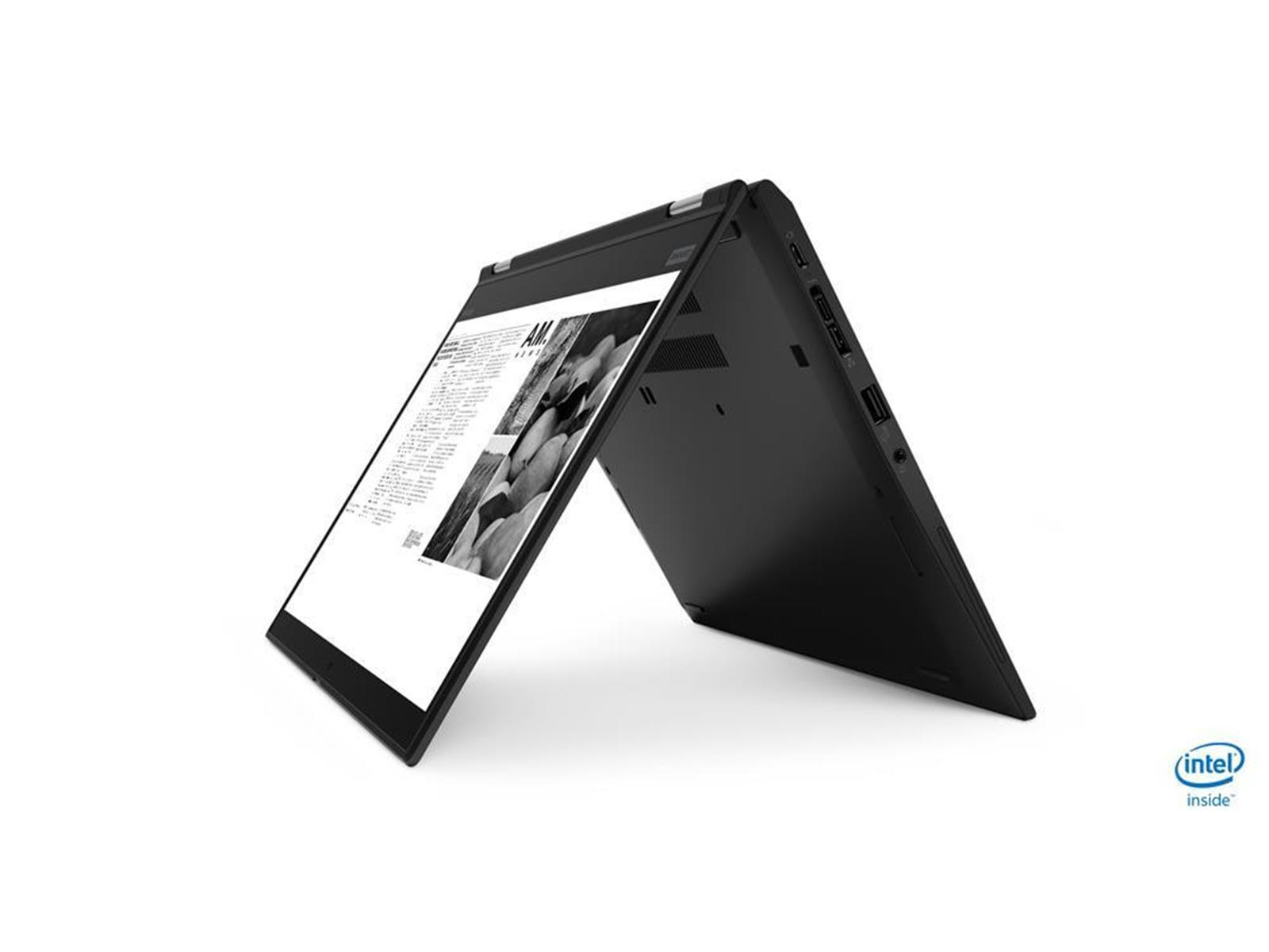 Schwarzer Laptop mit angewinkeltem Bildschirm, der ein Dokument zeigt, auf weißer Oberfläche.
