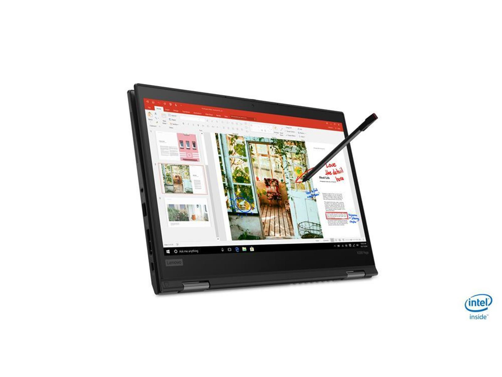 Schwarzer Laptop mit offenem Bildschirm, der ein Dokument zeigt, mit Stift, auf weißer Oberfläche.