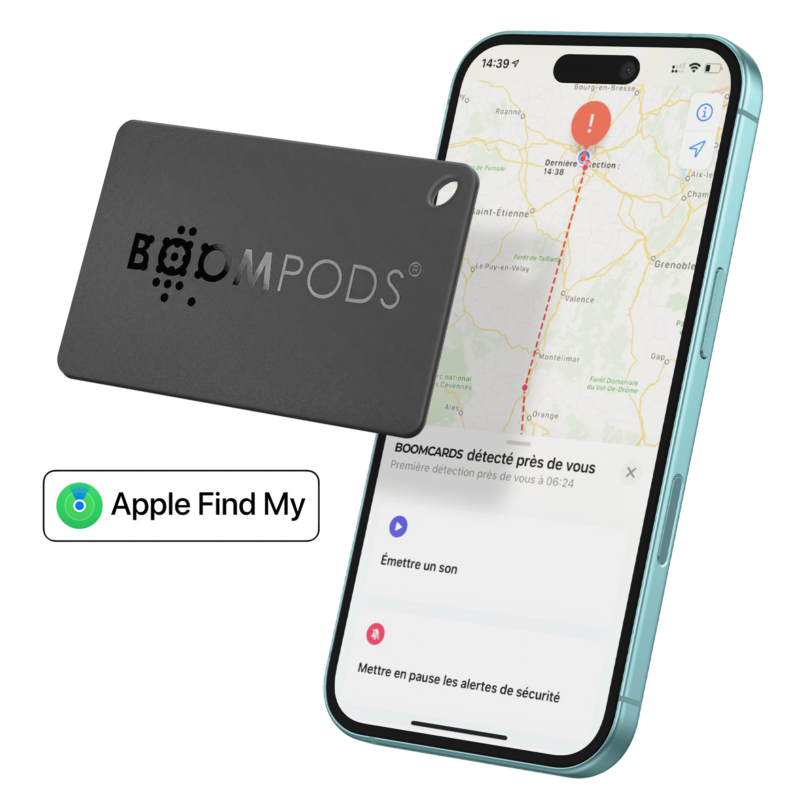 Un telefono e un tracker Boompods su una mappa. Il telefono mostra una posizione. Ha il logo Apple Find My.