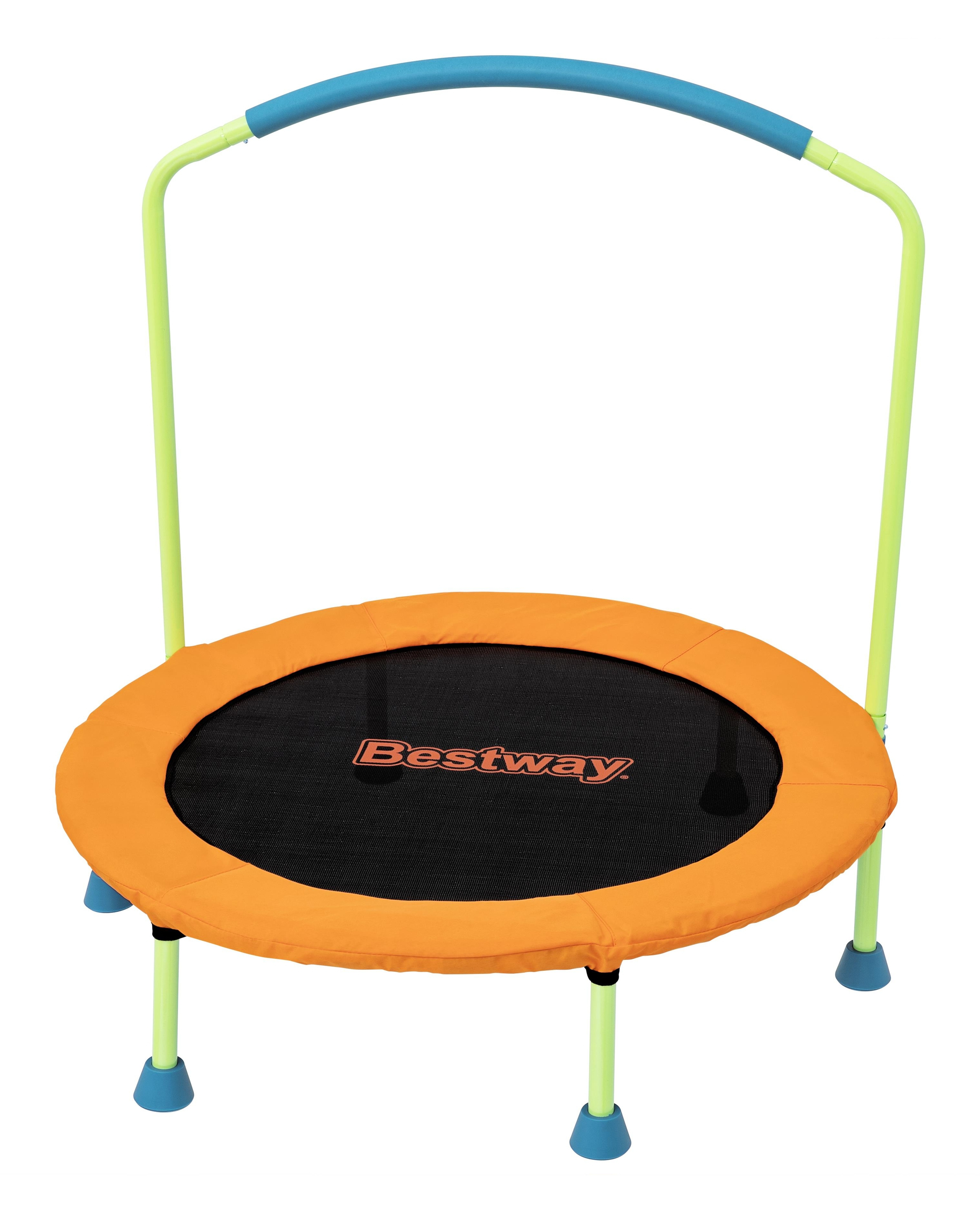Pomarańczowa i czarna trampolina z niebieskim uchwytem i logo Bestway.
