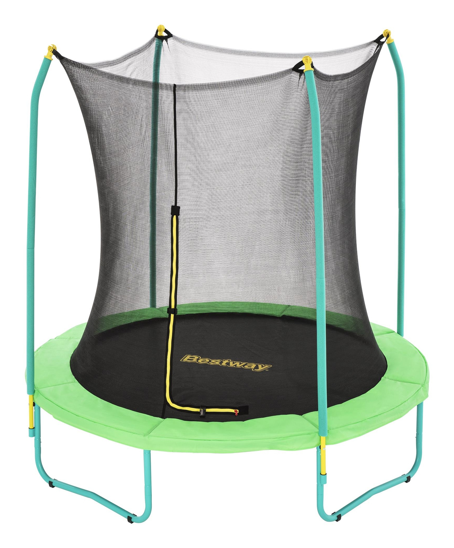 Zielona i pomarańczowa trampolina z siatką zabezpieczającą i niebieskimi uchwytami.