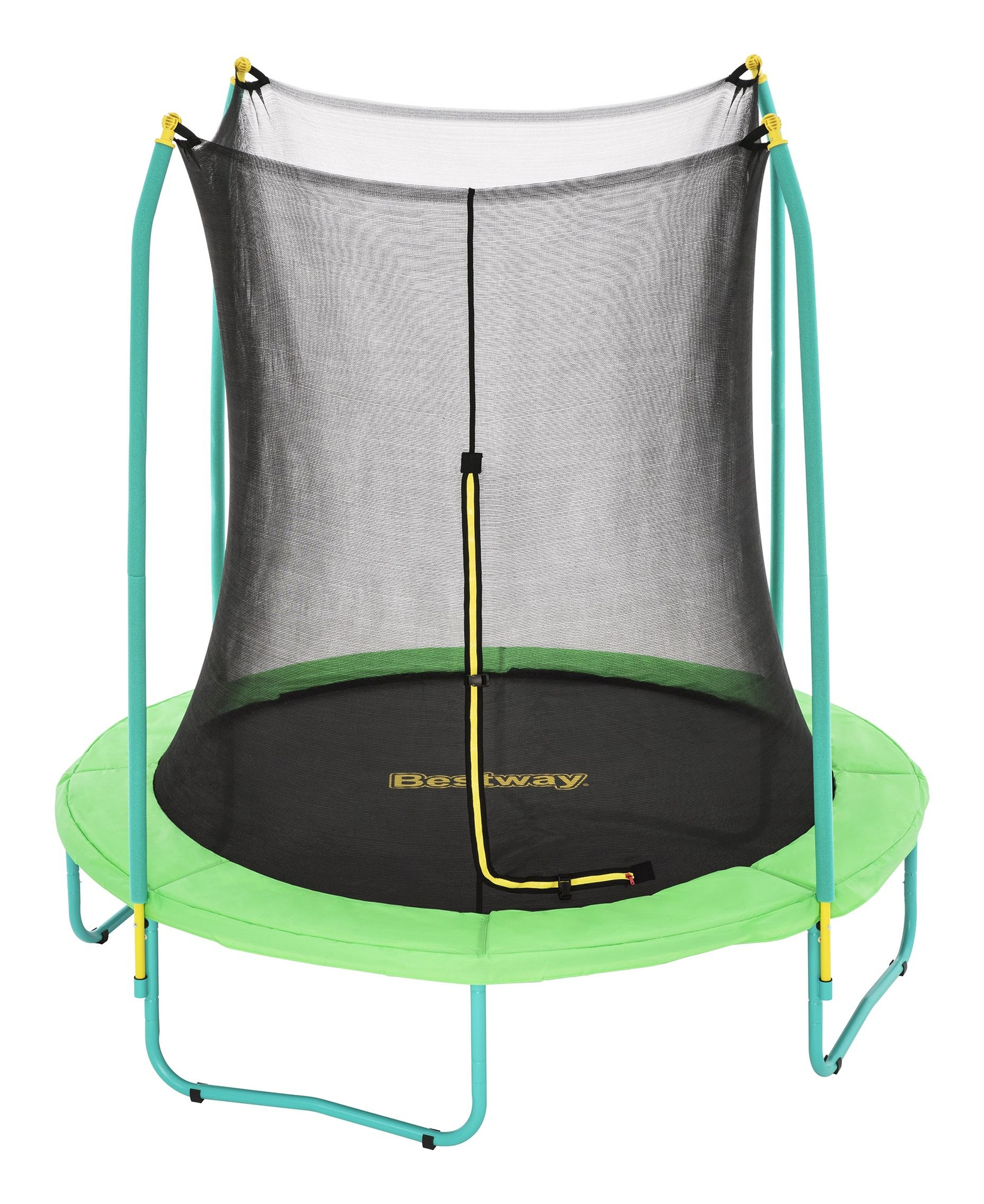Zielona trampolina z czarną siatką, niebieską ramą i żółtymi akcentami, białe tło.