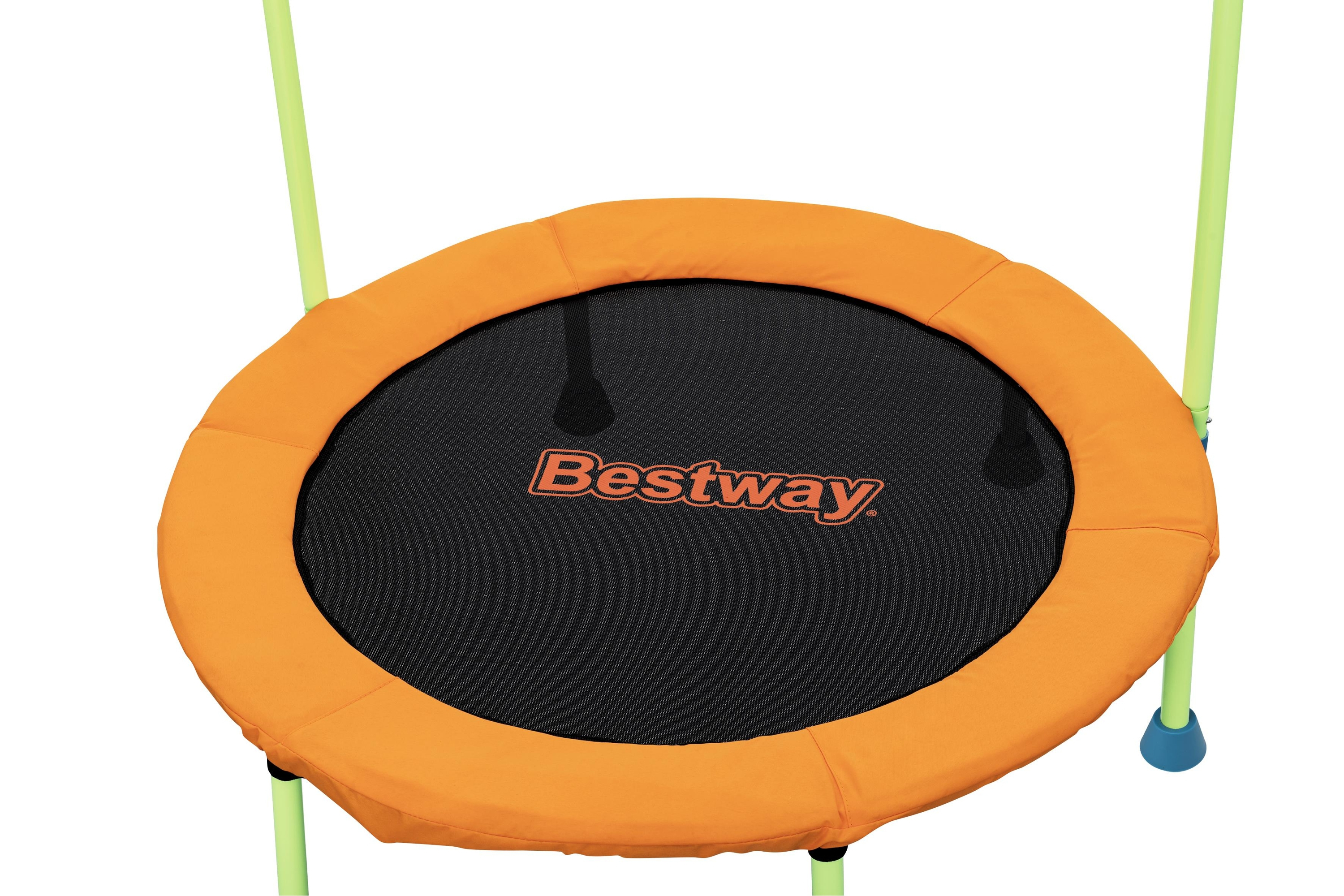 Widok z góry na małą trampolinę, pomarańczowa wyściółka, czarna siatka, zielone podpory i logo Bestway.