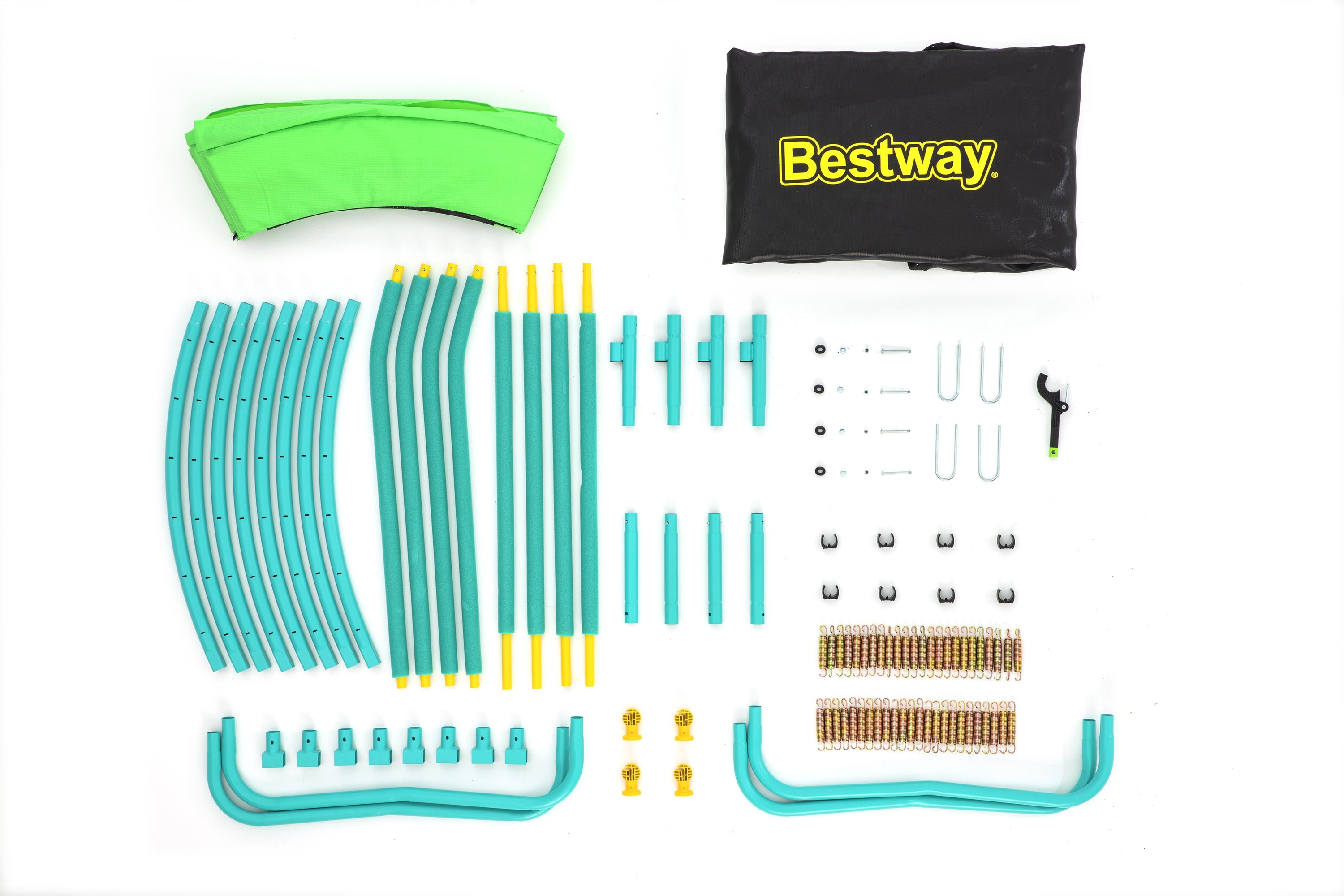 Rozłożone części trampoliny. Zawiera zakrzywione pręty, słupy podporowe, sprężyny i torbę marki Bestway.