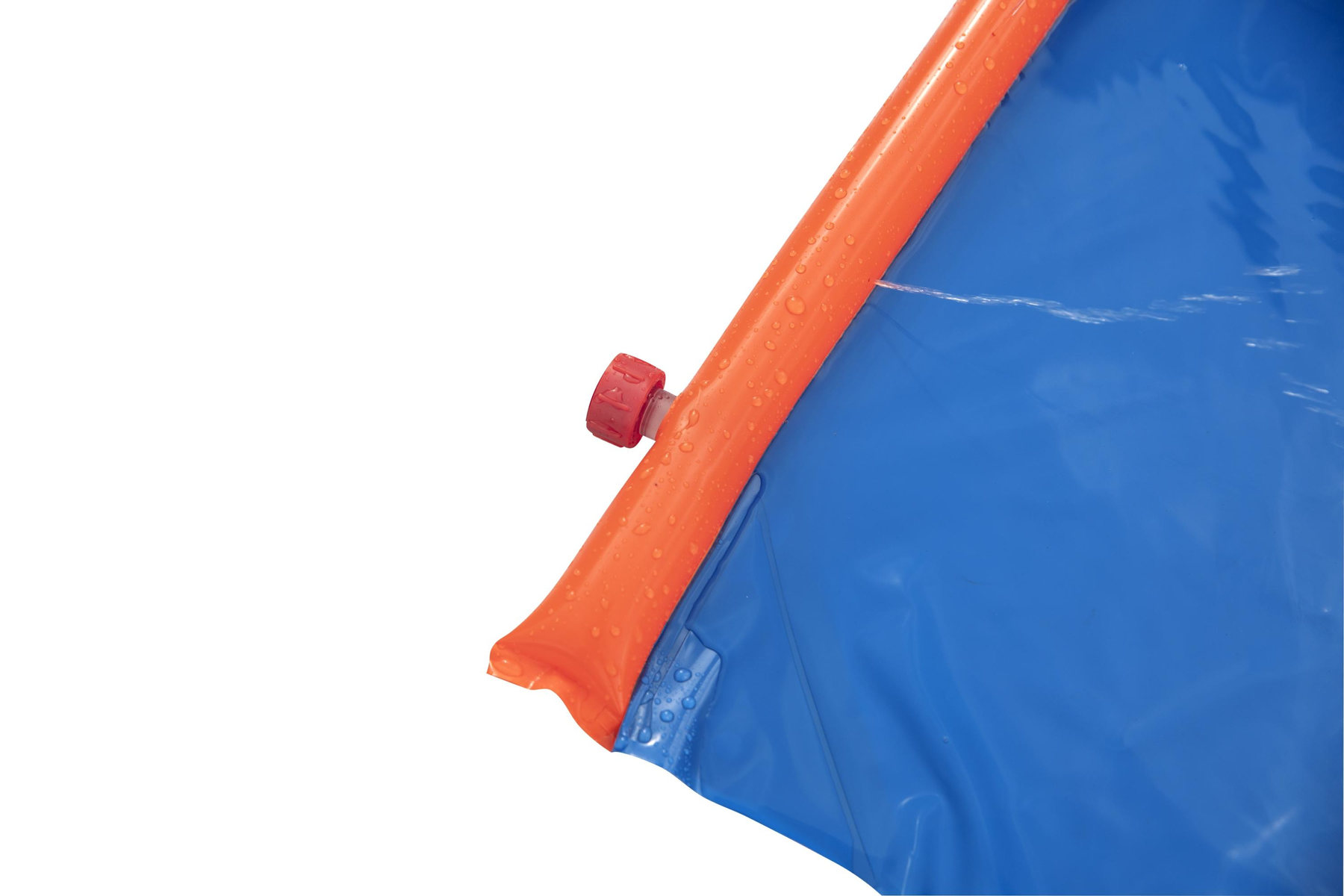 Inflable naranja y azul con válvula roja, sobre fondo blanco.