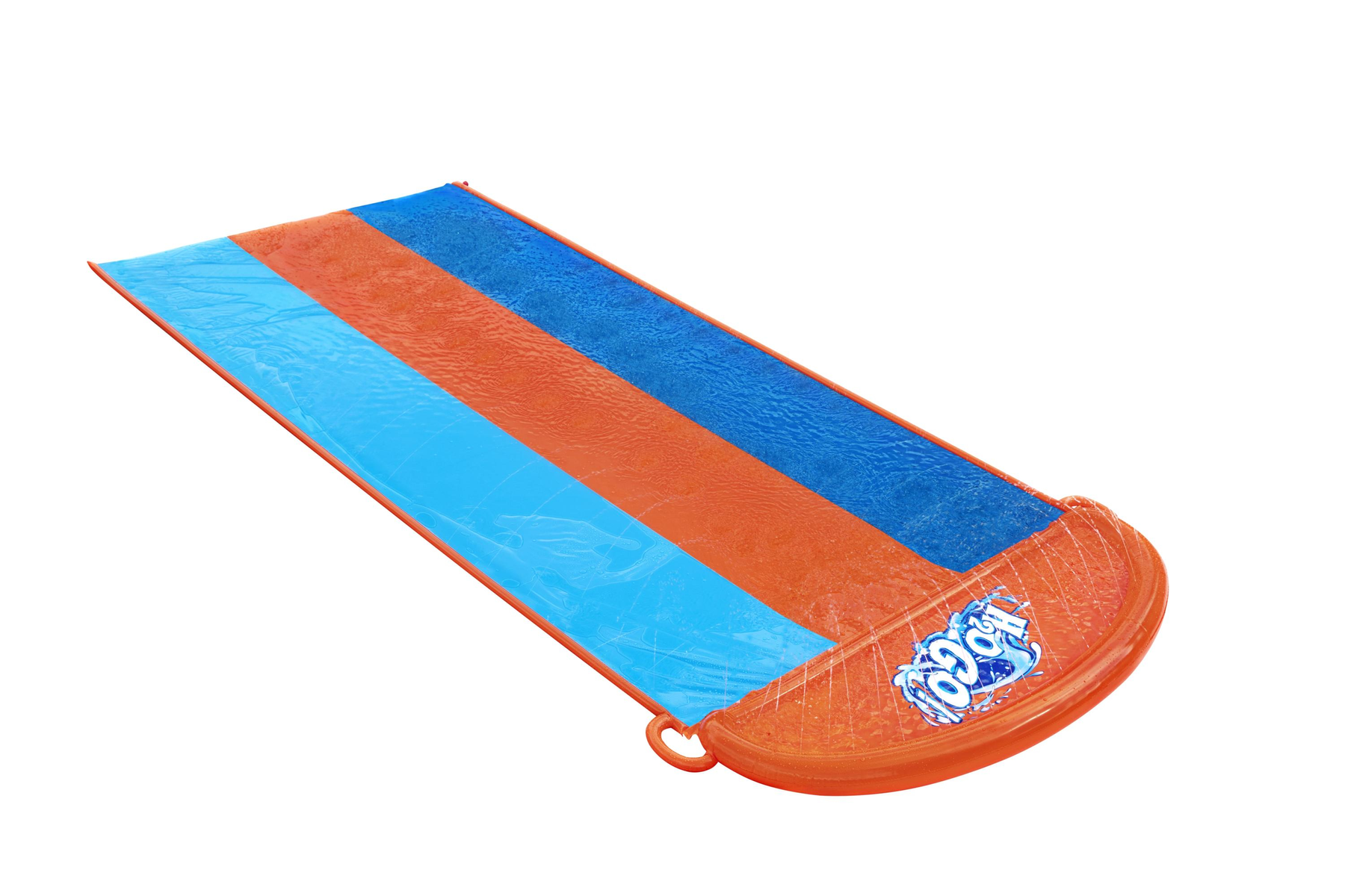 Tobogán acuático azul, naranja y azul con el logo "H2OGO" en la parte superior, sobre un fondo blanco.