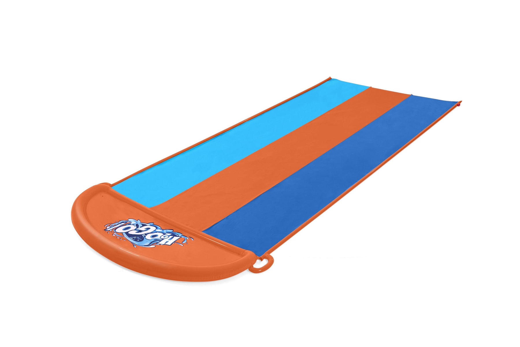 Tobogán acuático naranja y azul, fondo blanco.