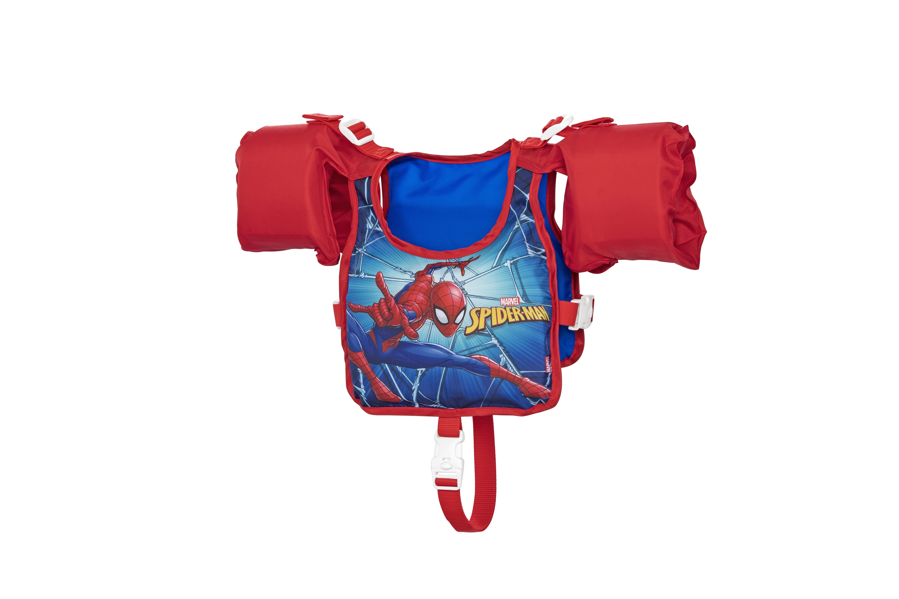 Gilet di salvataggio di Spider-Man. Rosso con area blu sul petto, con l'immagine di Spider-Man e fibbia bianca.