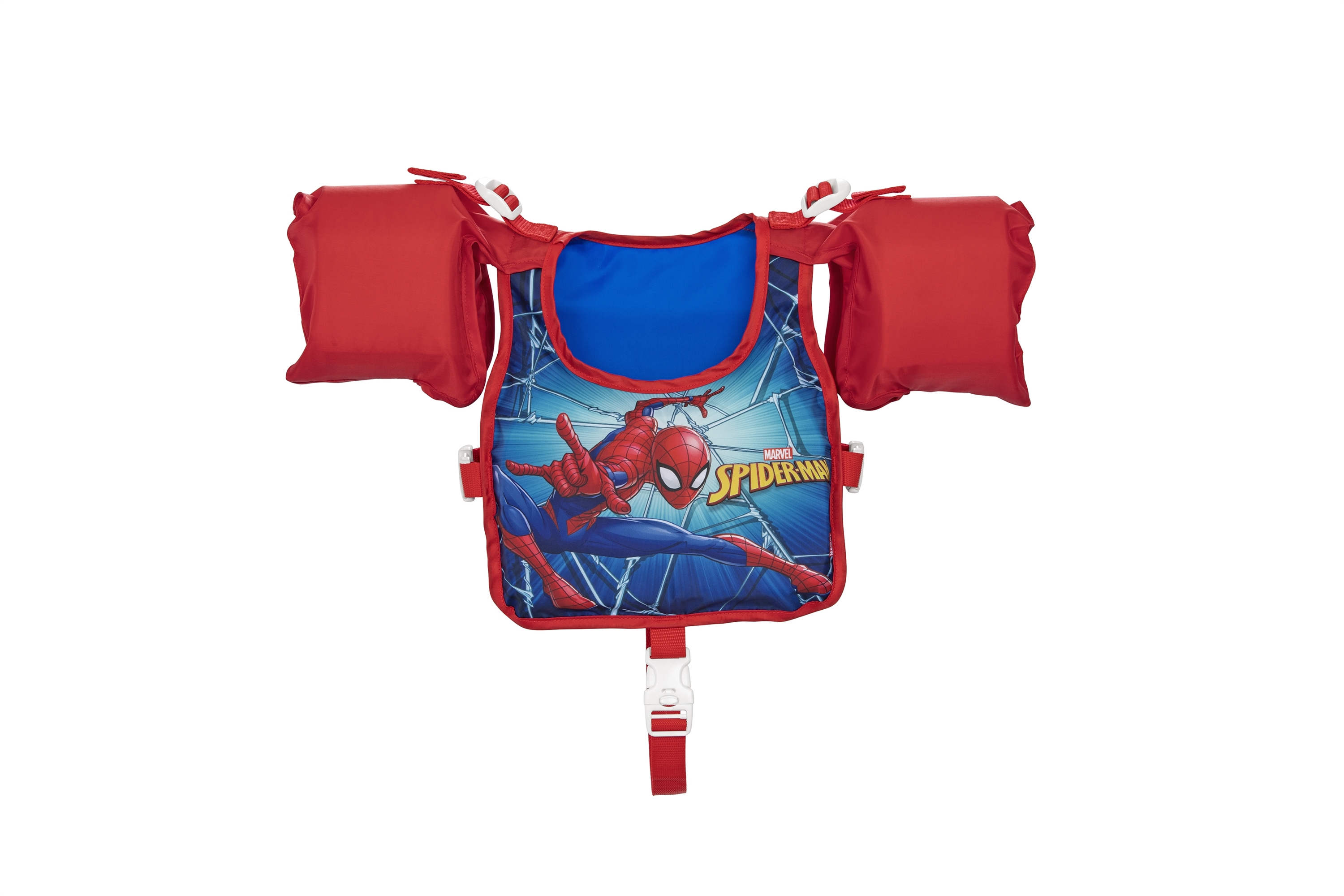 Gilet di Spiderman rosso e blu con braccioli, sfondo bianco.