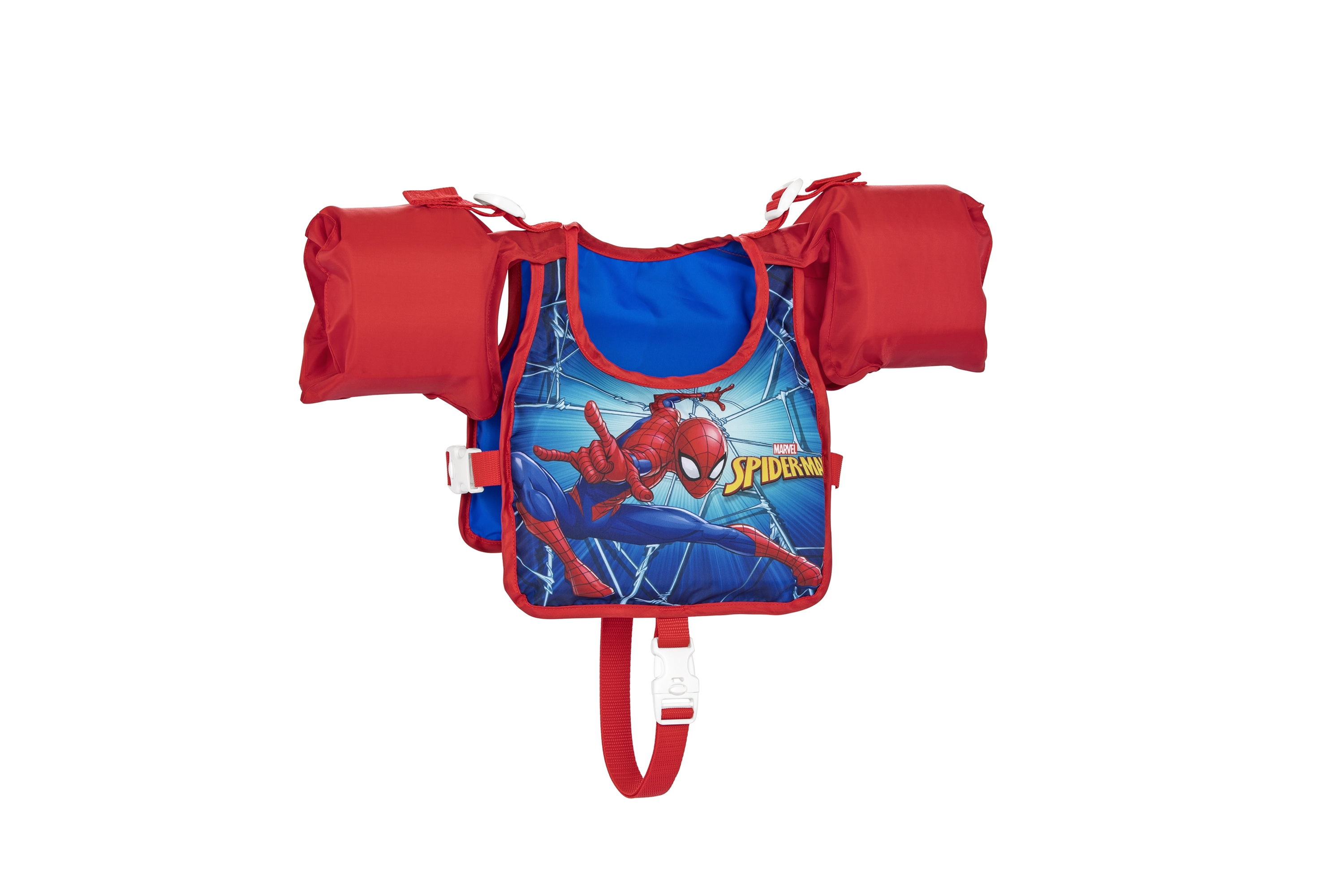 Gilet di salvataggio di Spider-Man rosso e blu con braccioli, sfondo bianco.