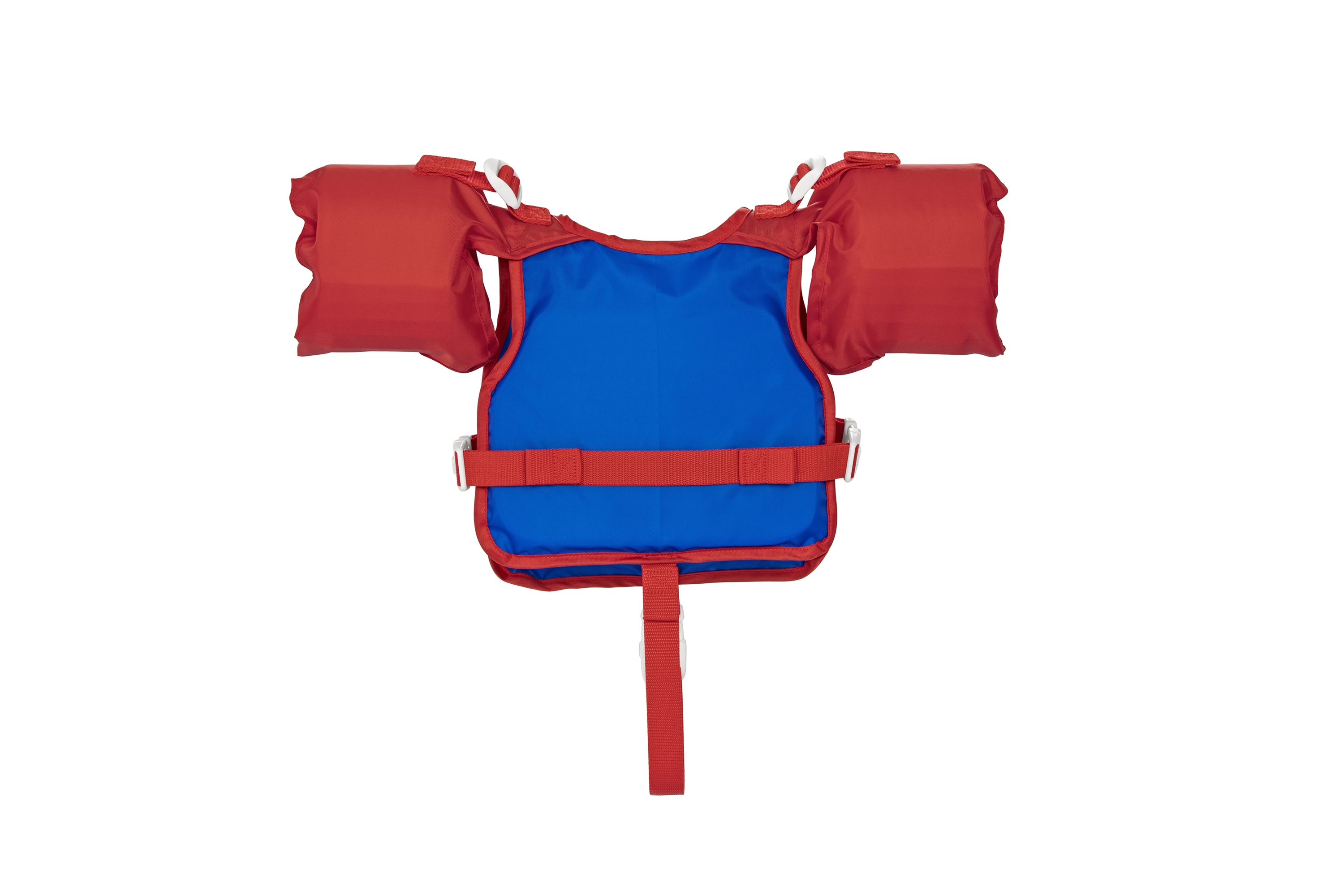 Gilet blu e rosso con braccioli, sfondo bianco.