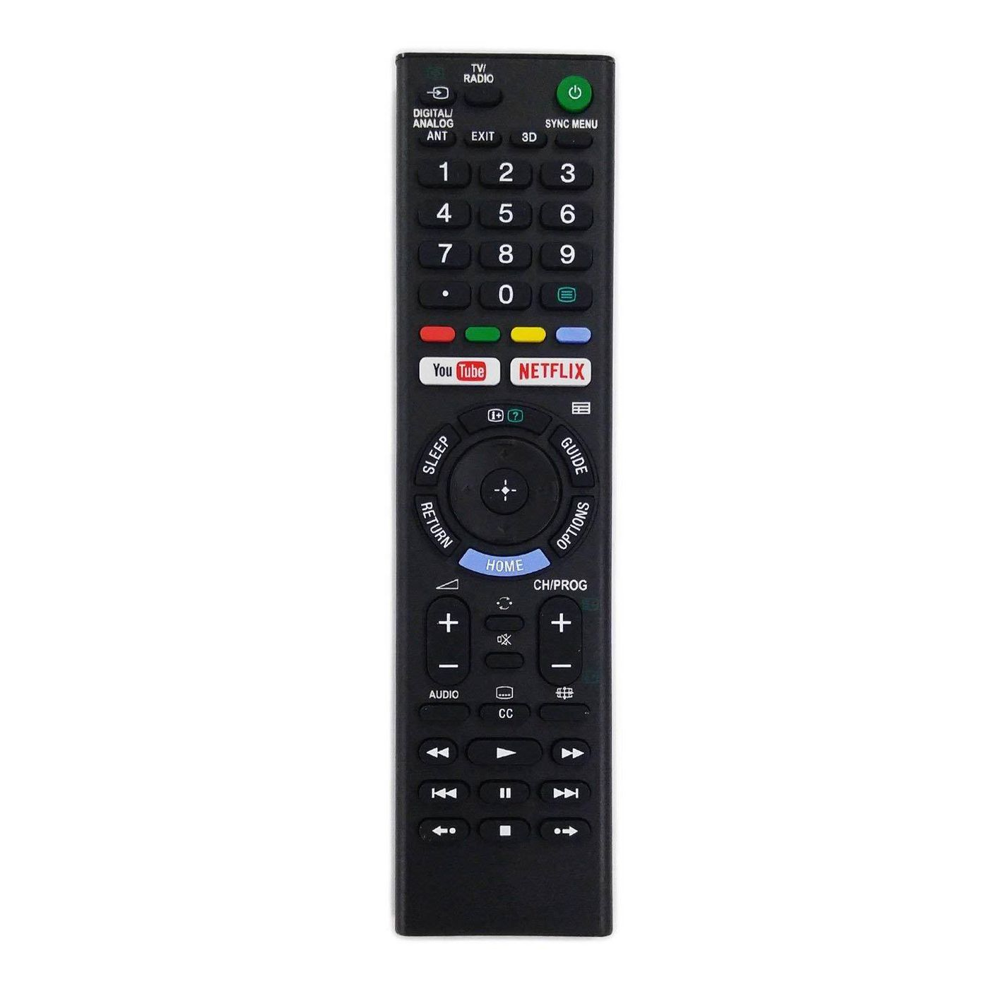 Telecomando Sony nero con molti pulsanti su sfondo bianco.