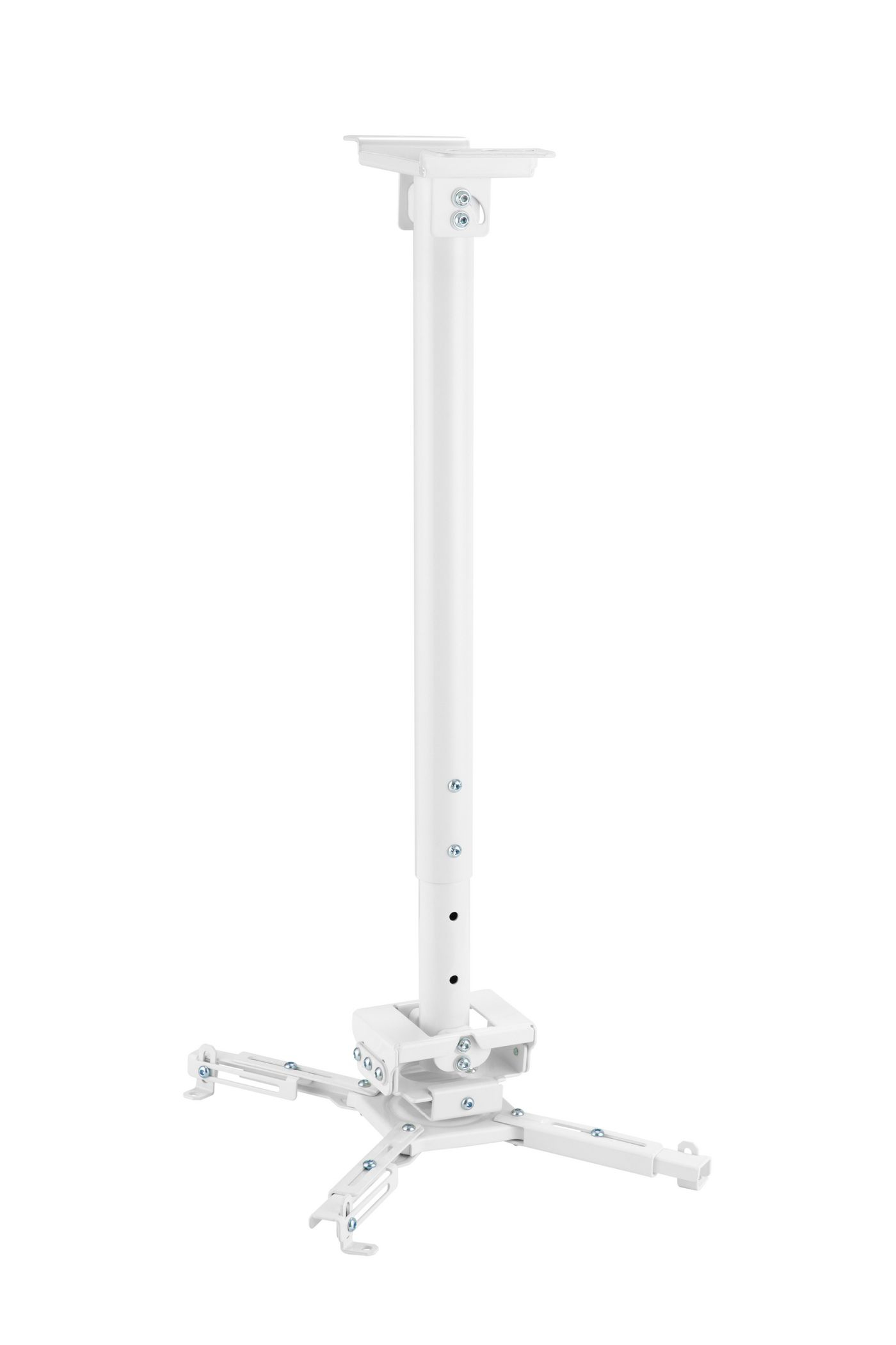 Weißer Projektorhalter, höhenverstellbar, mit Schrauben. Verfügt über eine Basis und eine obere Platte zur Deckenmontage.