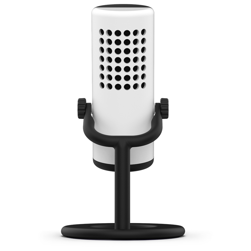 Biały mikrofon cylindryczny z czarnymi akcentami i czarnym stojakiem. Perforowana górna część.