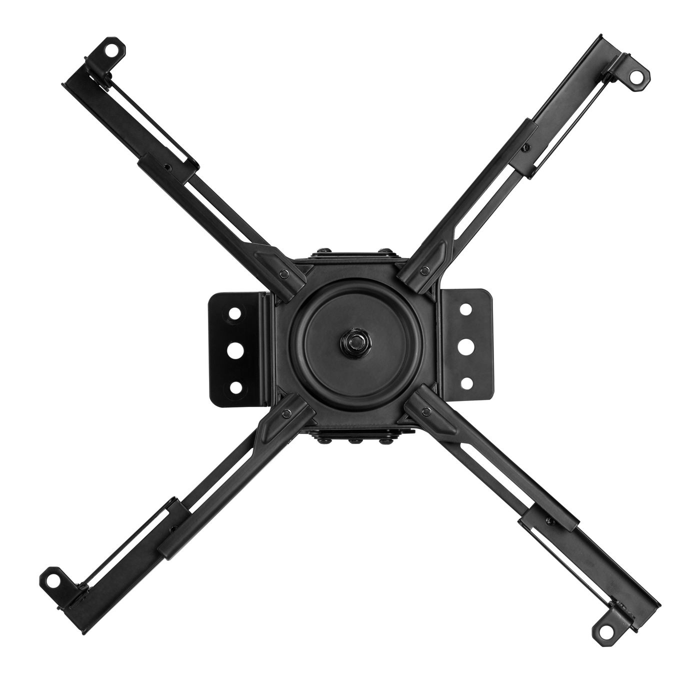 Czarny metalowy uchwyt do projektora z centralną okrągłą podstawą i wysuwanymi ramionami.