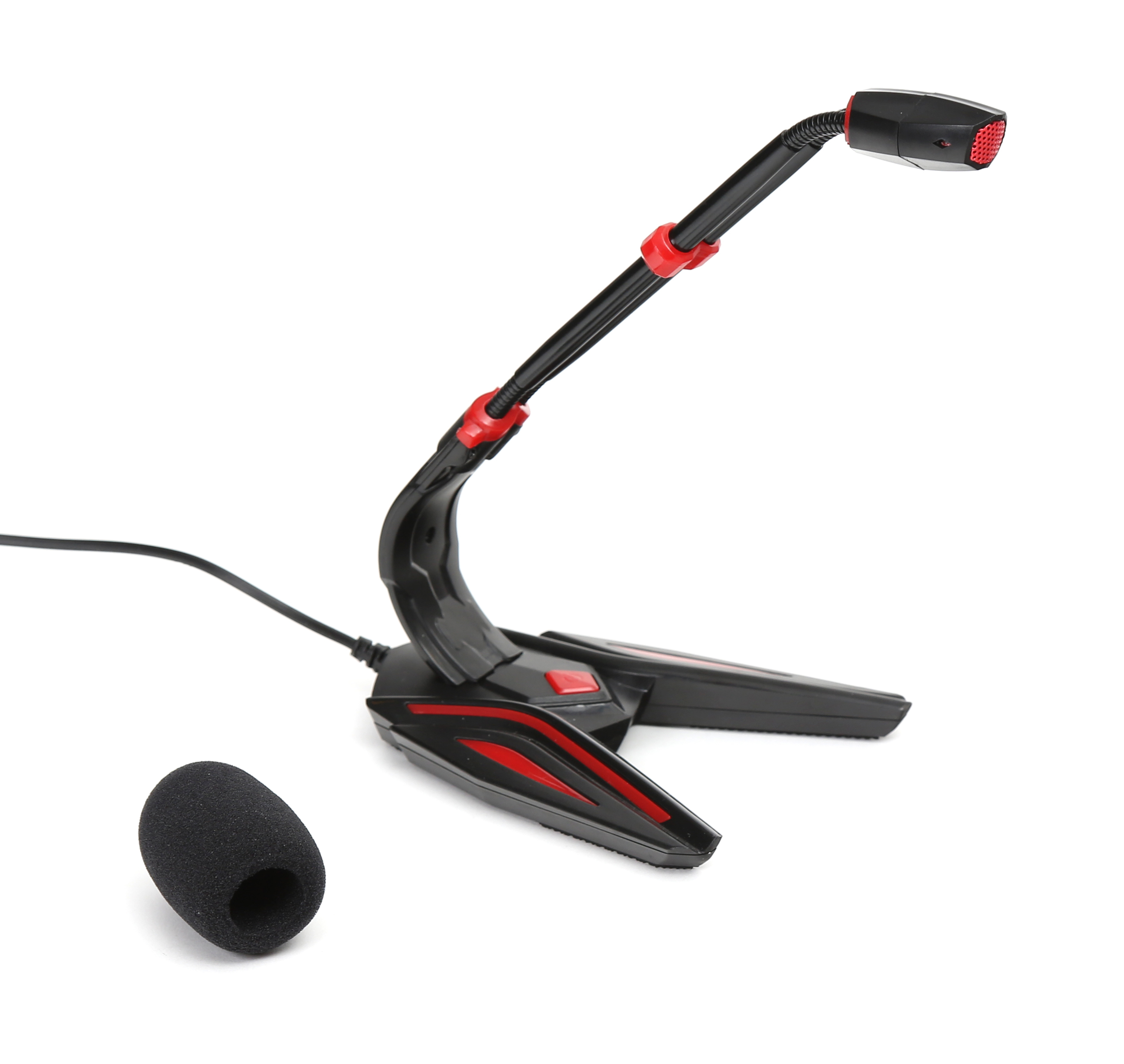Mikrofon do gier z czarnym i czerwonym designem na białym tle.