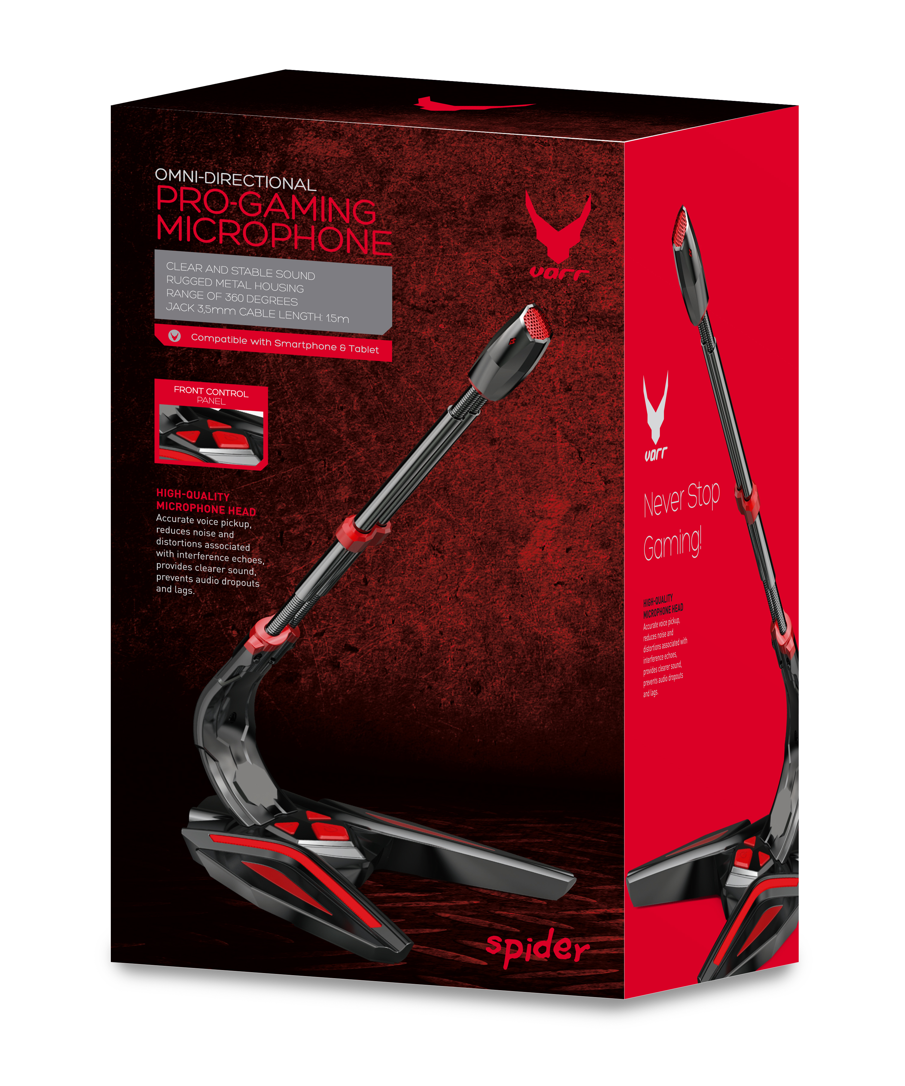 Pudełko mikrofonu do gier z czerwono-czarnym wzorem. Mikrofon z czerwonymi akcentami na pudełku.