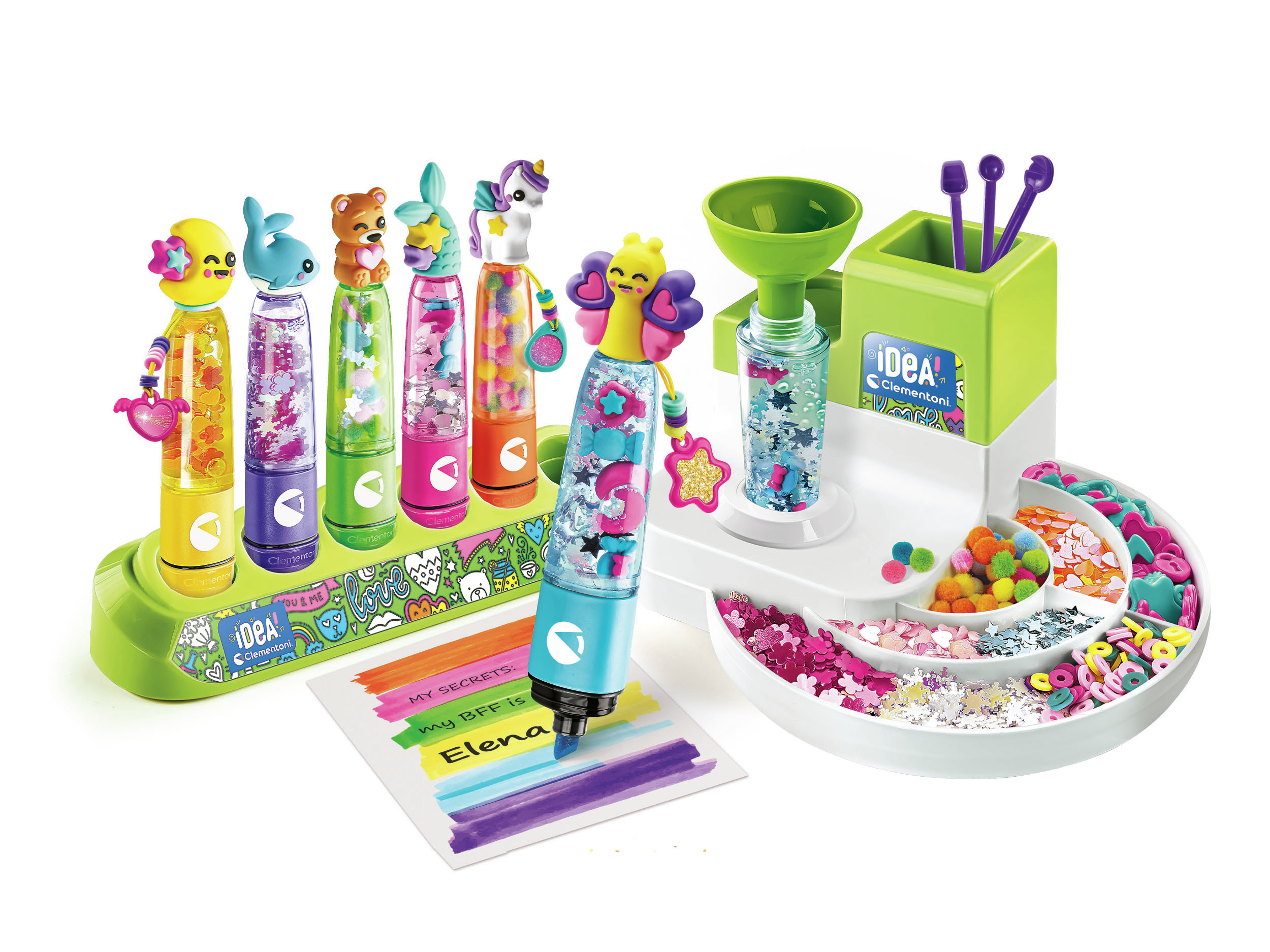 Zestaw rzemieślniczy dla dzieci z różnymi kolorowymi materiałami, w tym pisakami i brokatem.