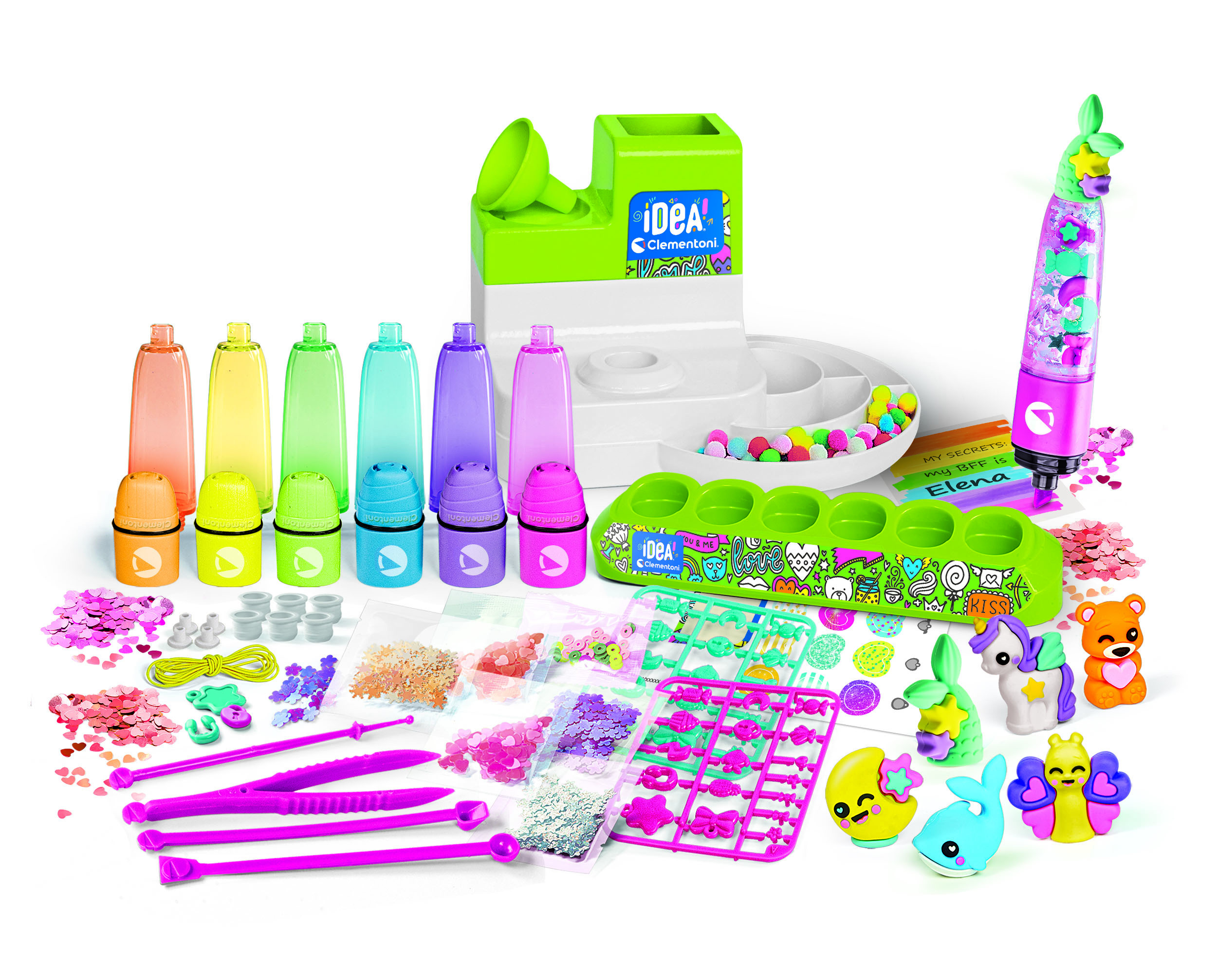 Zestaw rzemieślniczy z kolorowymi płynami, koralikami i figurkami zwierząt. Białe tło.