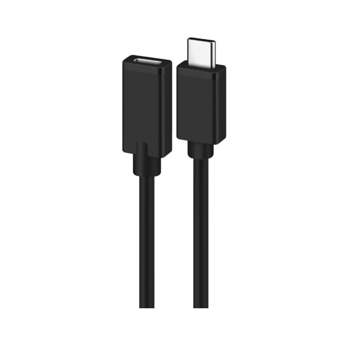 Cavo nero con connettore USB-C femmina a USB-C maschio. Sfondo bianco.