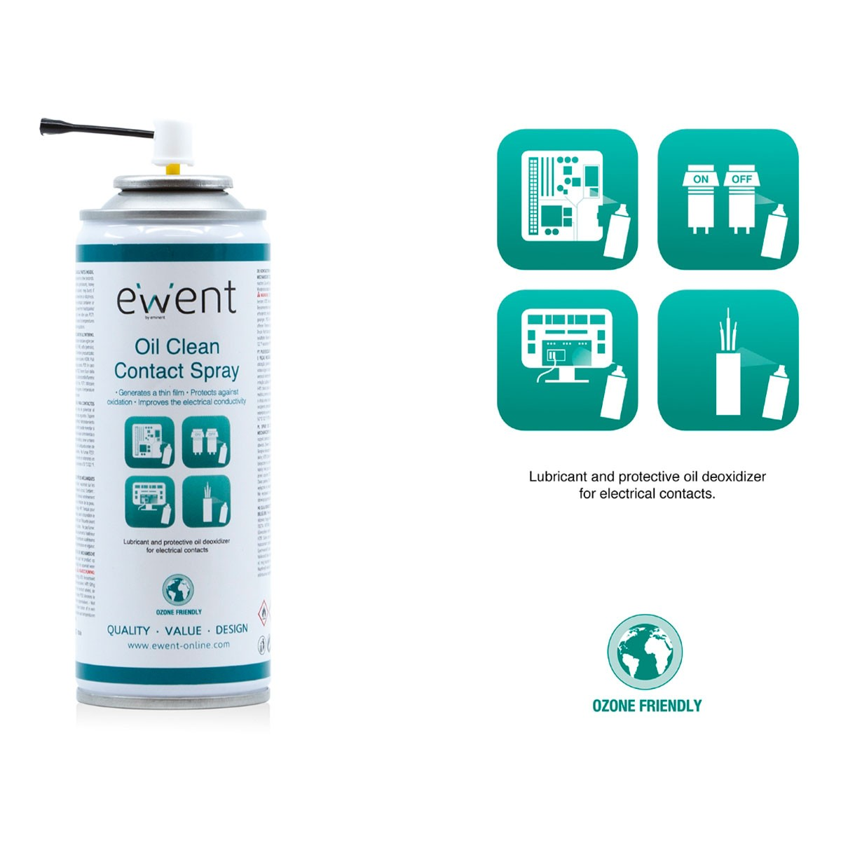 Puszka Ewent Oil Clean Contact Spray z ikonami i tekstem oraz logo „Ozone Friendly”.