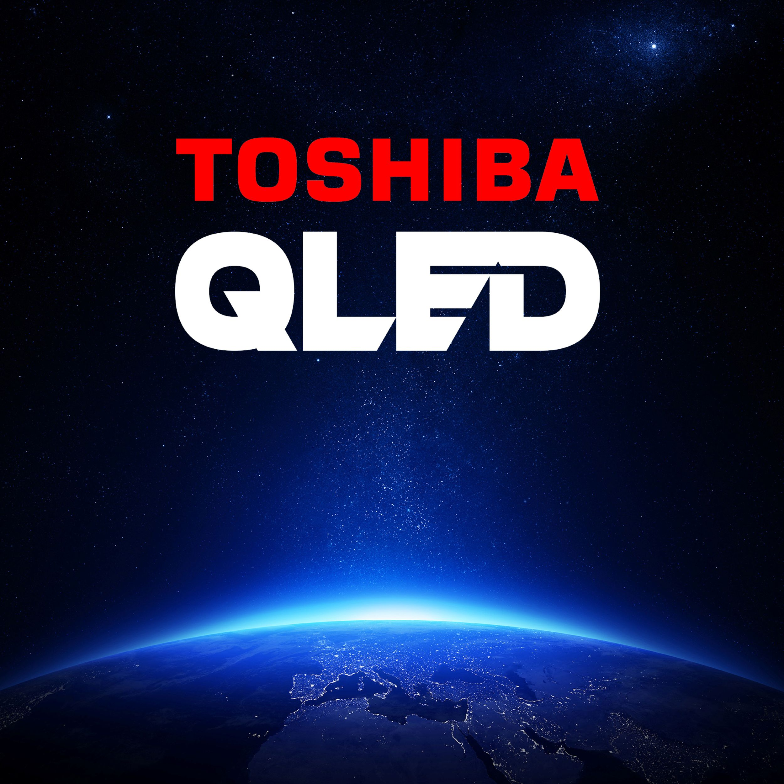 Die Erde aus dem Weltraum, mit dem Text TOSHIBA QLED darüber.