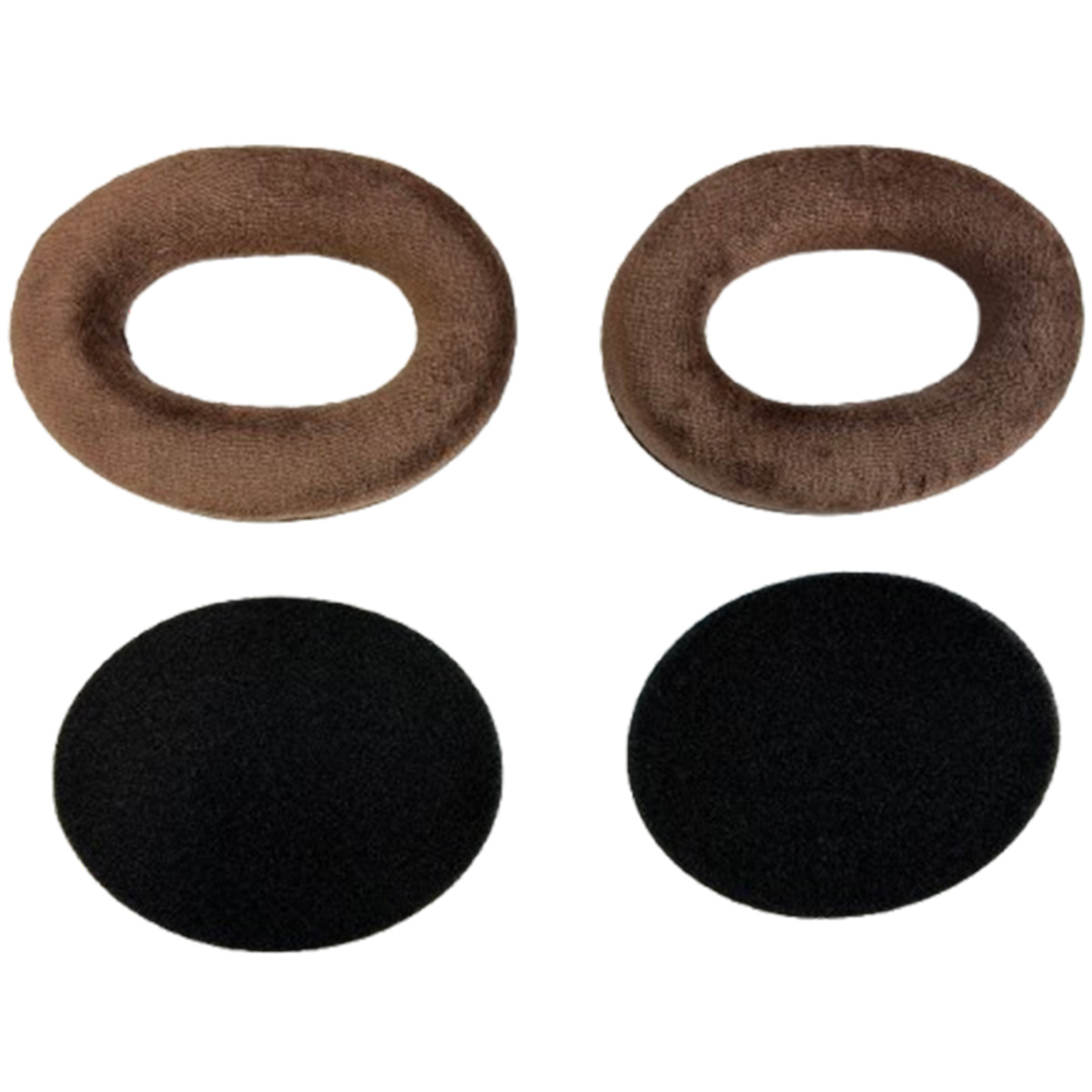 Due cuscinetti auricolari marroni a forma di ciambella e due cuscinetti auricolari neri circolari, tutti isolati su sfondo bianco.