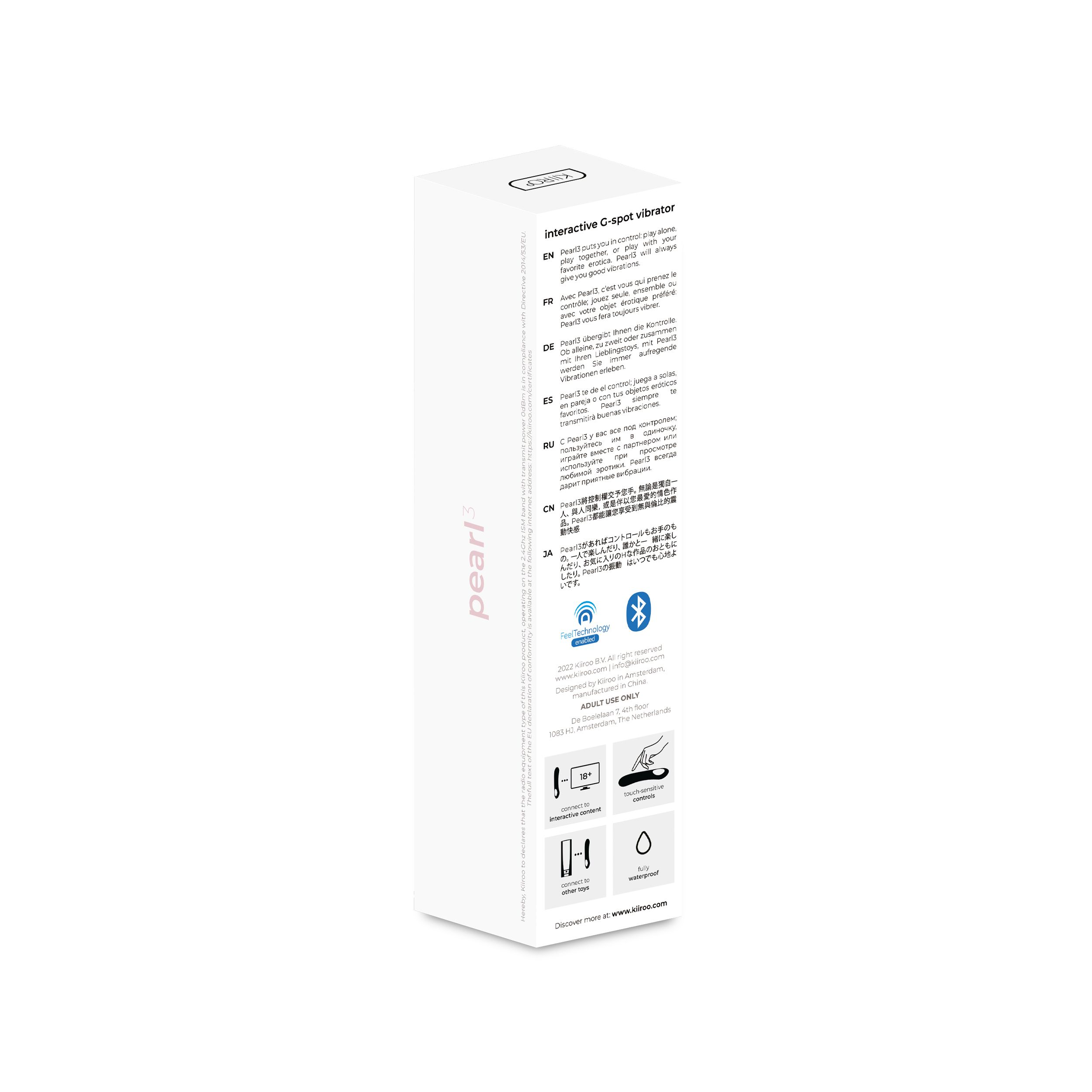 Weiße Box mit Text und einem rosa Vibrator. Text enthält Markenname, Produktinfo und Symbole.