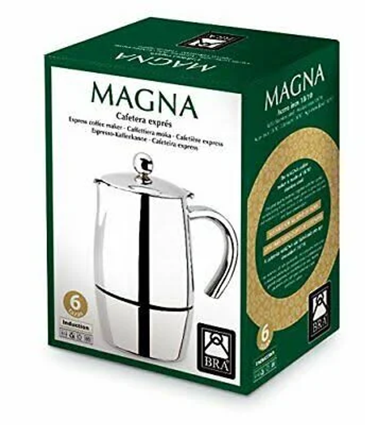 Scatola verde e bianca di una caffettiera espresso Magna. Presenta un'immagine di caffettiera argentata e dettagli del prodotto.