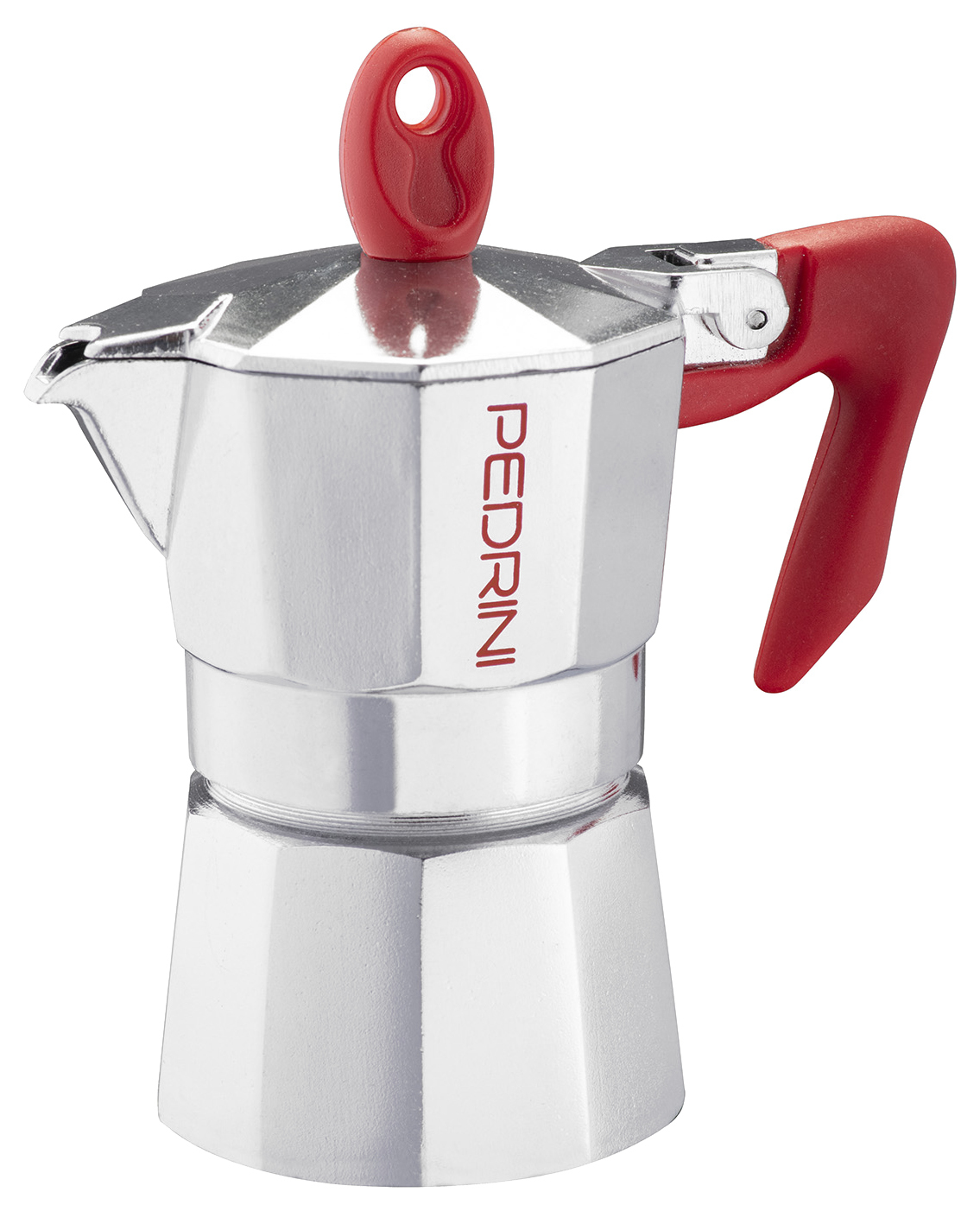 Silberner PEDRINI Espressokocher mit rotem Griff und Knopf. Das Wort PEDRINI ist seitlich aufgedruckt.