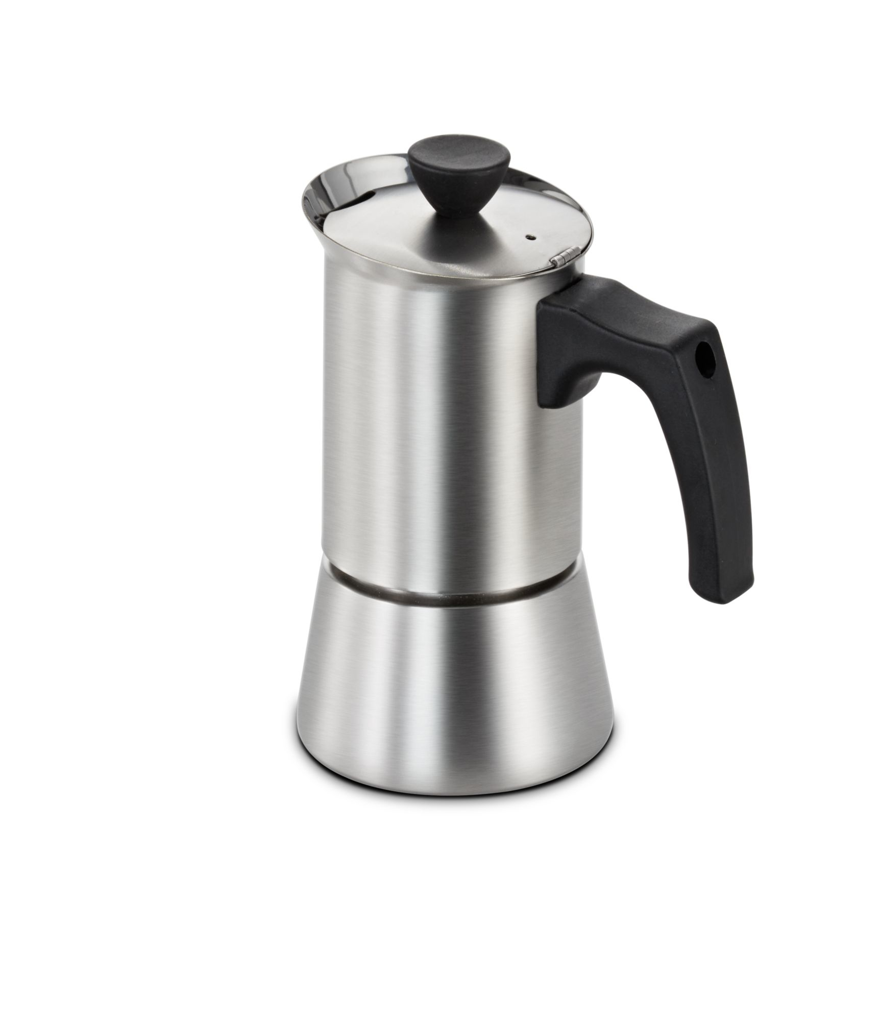 Silberne Kaffeemaschine mit schwarzem Griff und Deckel. Weißer Hintergrund.