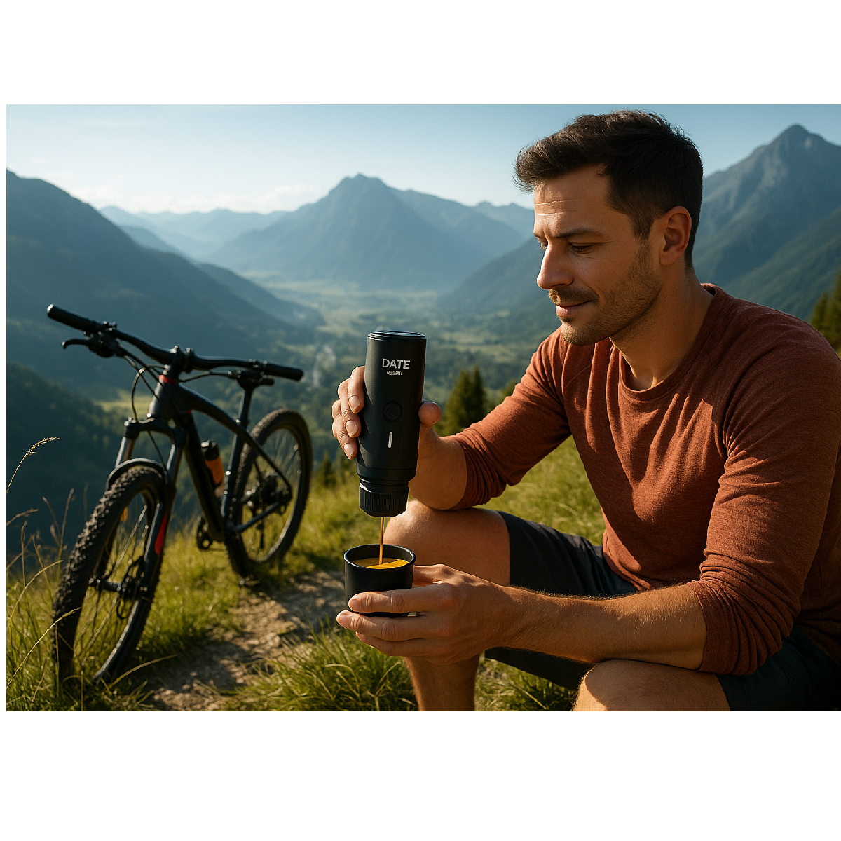 Mann gießt Kaffee aus einem schwarzen tragbaren Maker. Ein Fahrrad und Berge sind im Hintergrund.