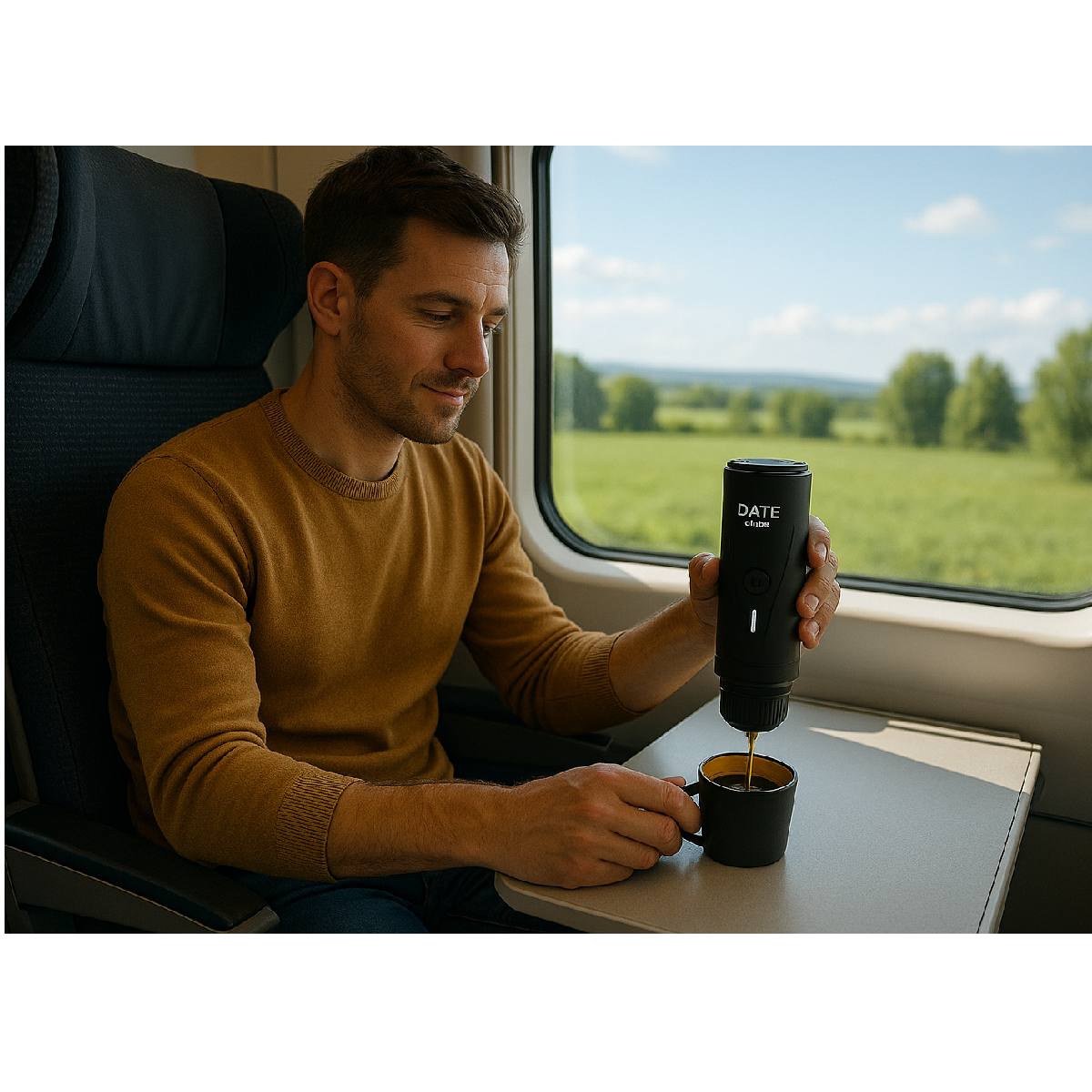 Mann im Zug gießt Kaffee aus einem schwarzen tragbaren Maker. Fenster und Landschaft sind sichtbar.