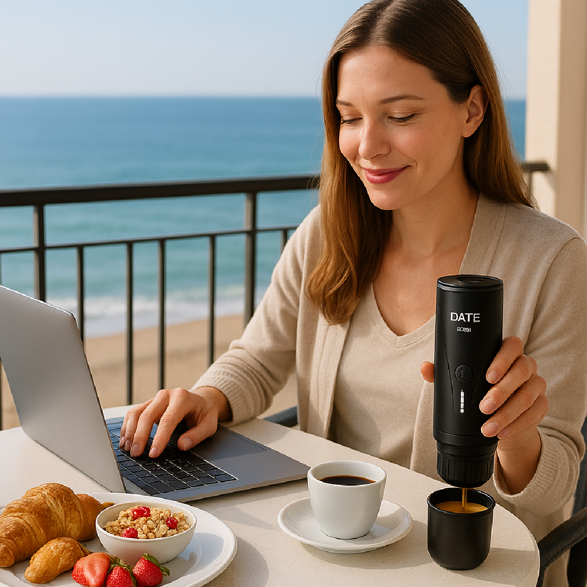 Frau auf einem Balkon gießt Kaffee aus einem schwarzen tragbaren Maker. Laptop und Frühstück sind in der Nähe.
