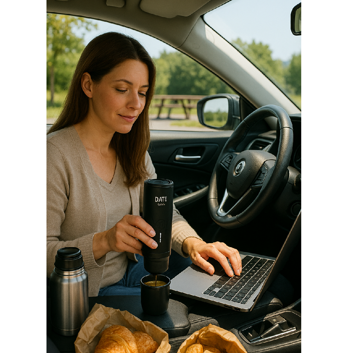 Frau im Auto gießt Kaffee aus einem schwarzen tragbaren Maker. Laptop und Croissants sind in der Nähe.