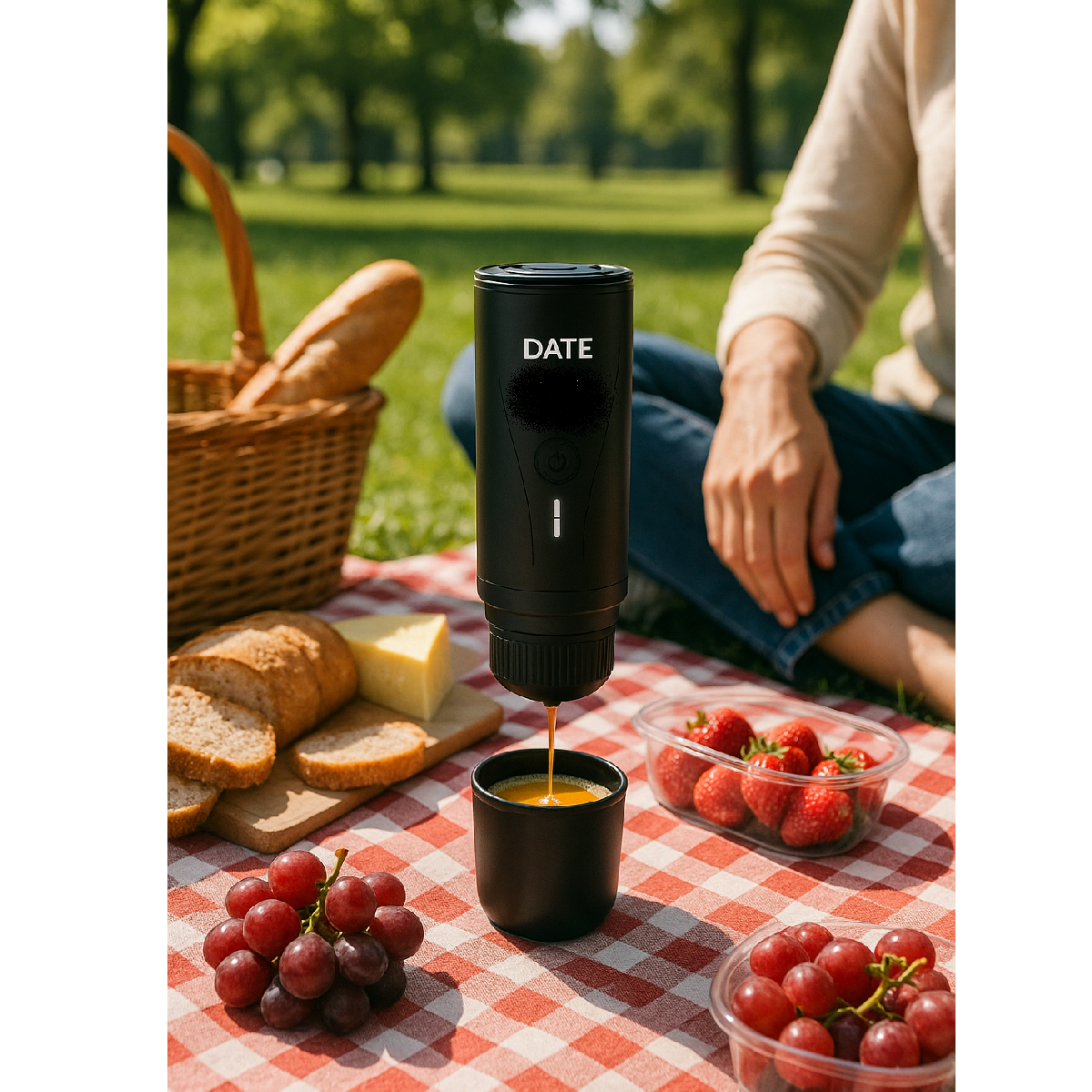 Kaffee wird von einem schwarzen Maker auf ein Picknick gegossen. Beinhaltet Lebensmittel wie Brot, Käse und Trauben.