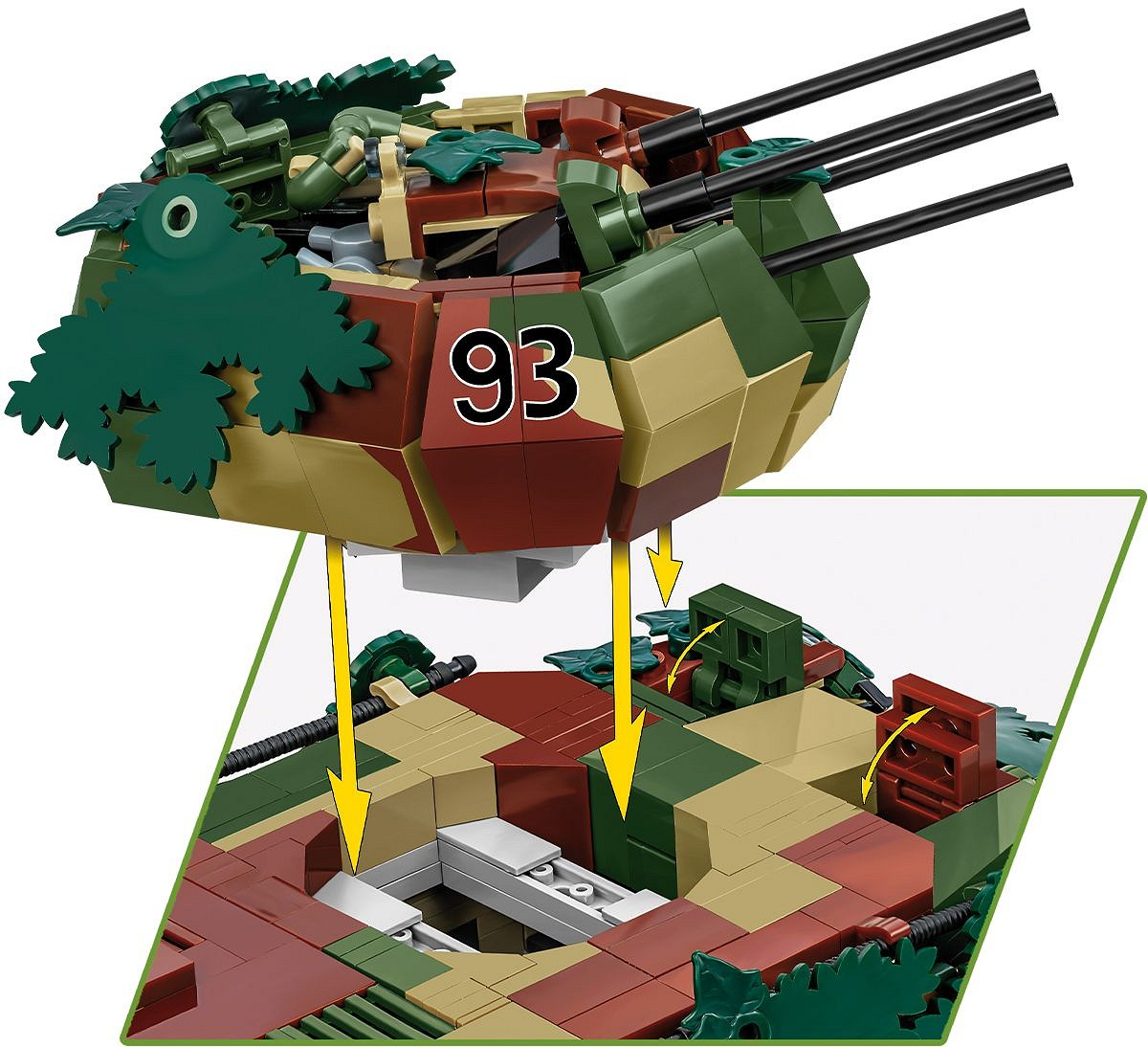 Un modelo de tanque camuflado con el número 93, tiene cañones negros y follaje verde en la parte superior, con una base detallada.
